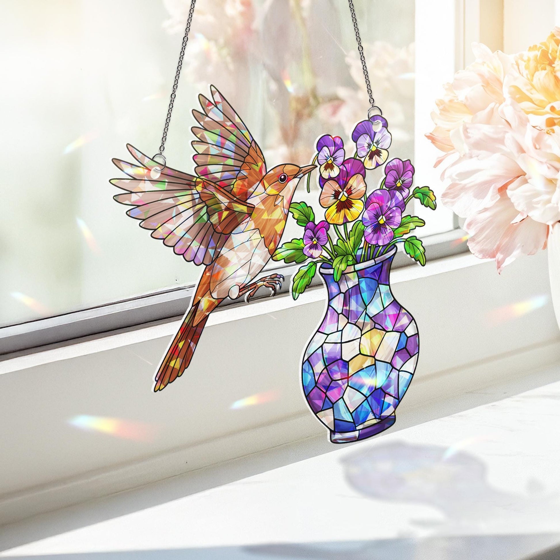 Sparrow & Pansy Hologram Acrylic Window Hanging – Bird and Flower Art – Mother’s Day Gift – Nature Window Decor – Garden Lover Gift