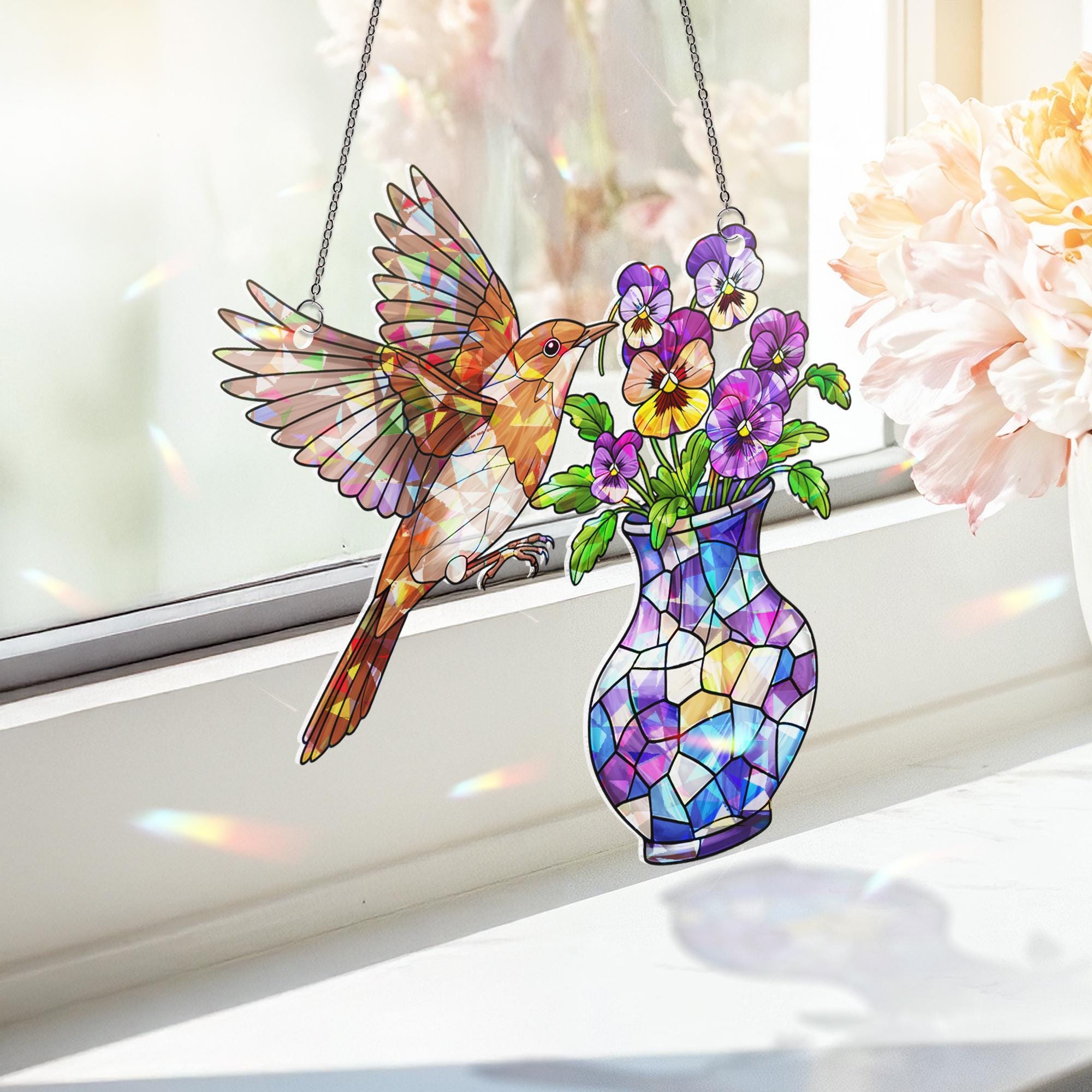 Sparrow & Pansy Hologram Acrylic Window Hanging – Bird and Flower Art – Mother’s Day Gift – Nature Window Decor – Garden Lover Gift