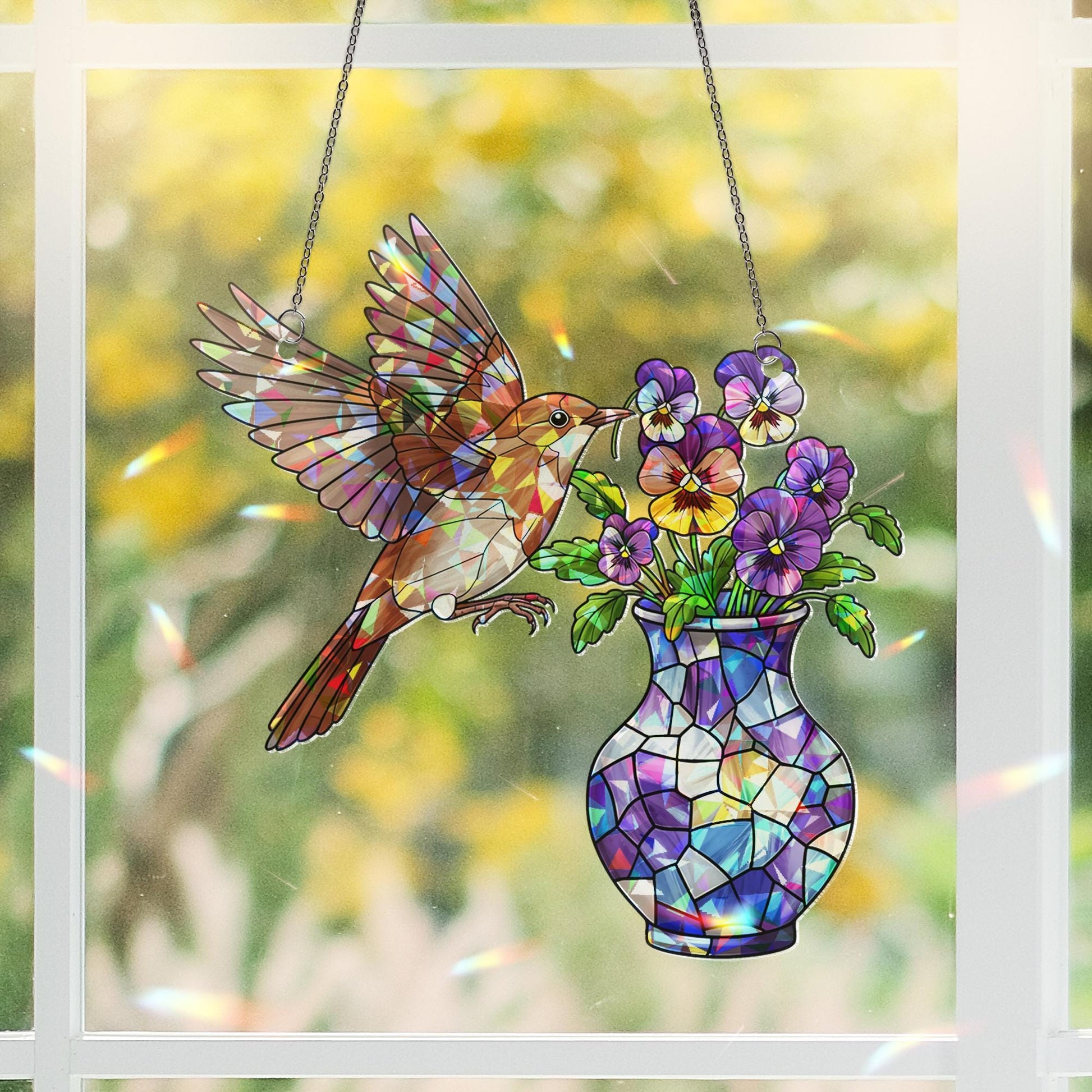 Sparrow & Pansy Hologram Acrylic Window Hanging – Bird and Flower Art – Mother’s Day Gift – Nature Window Decor – Garden Lover Gift
