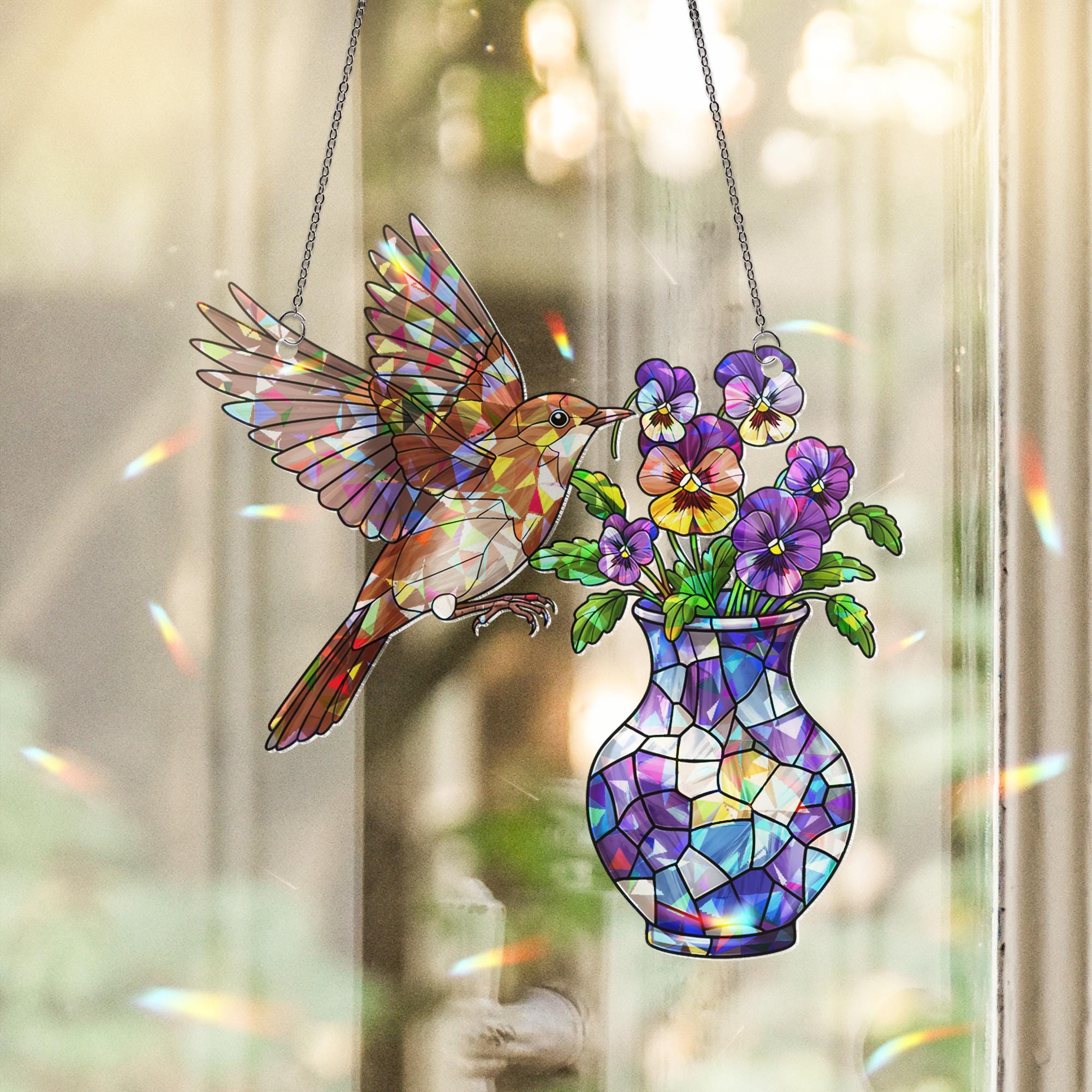 Sparrow & Pansy Hologram Acrylic Window Hanging – Bird and Flower Art – Mother’s Day Gift – Nature Window Decor – Garden Lover Gift