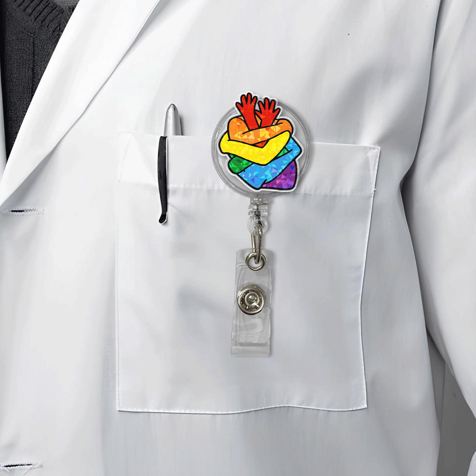 Rainbow Heart Hands Badge Reel – LGBTQ+ Pride Month Retractable ID Holder – Colorful Nurse Badge Clip for Work & Pride Events