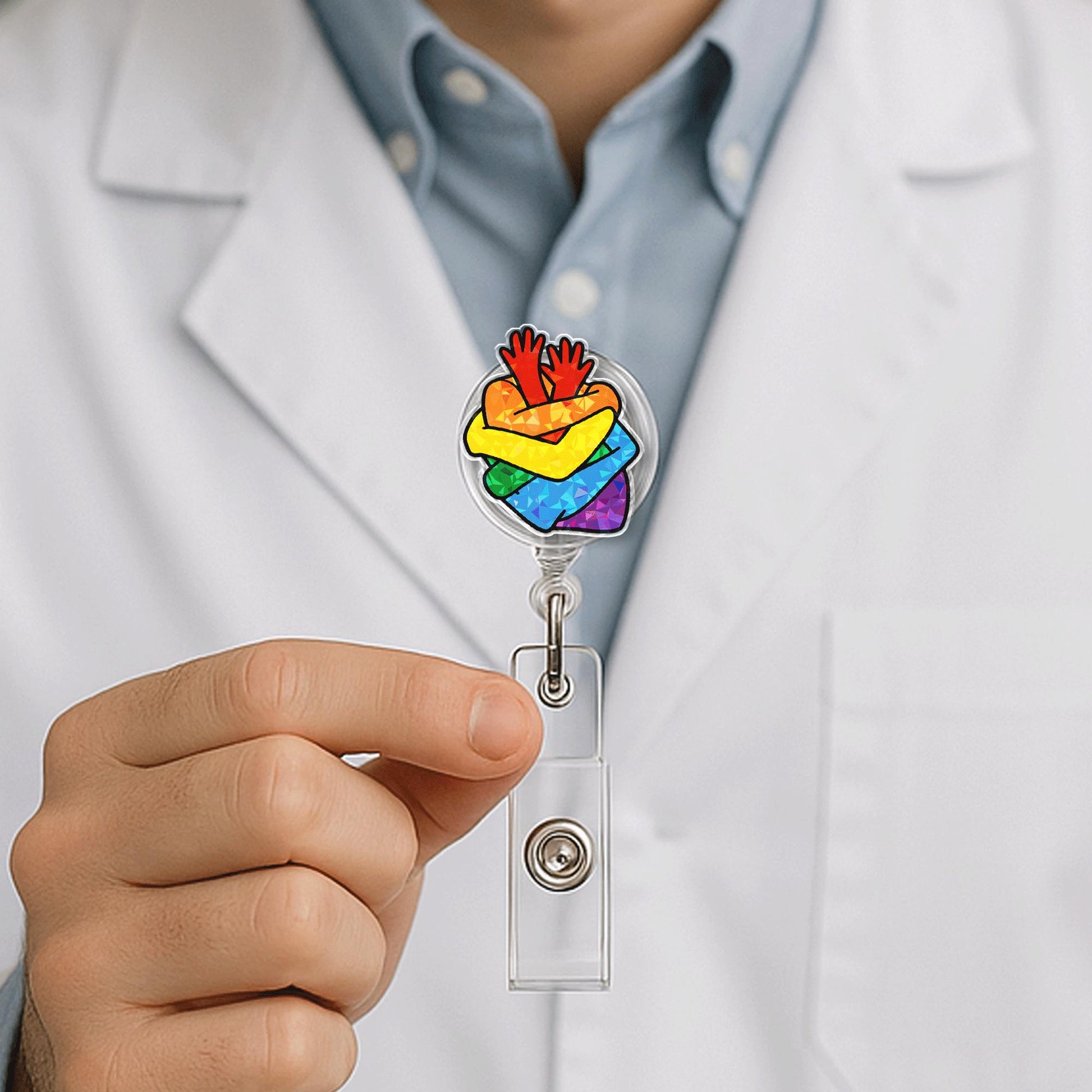 Rainbow Heart Hands Badge Reel – LGBTQ+ Pride Month Retractable ID Holder – Colorful Nurse Badge Clip for Work & Pride Events