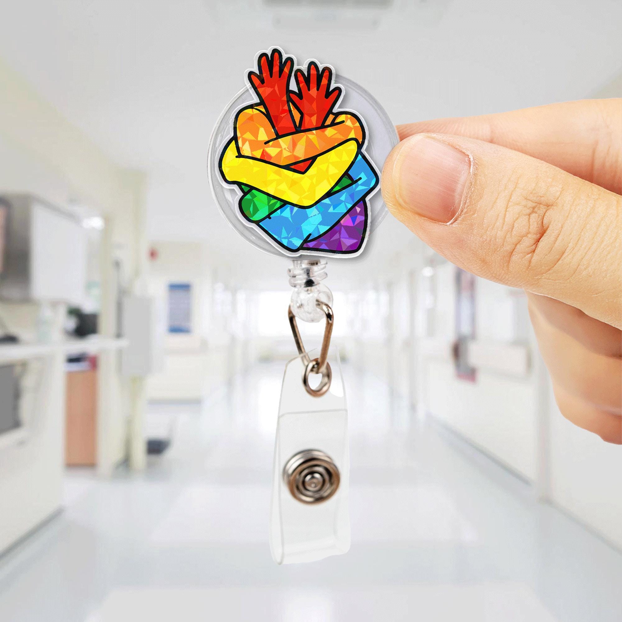 Rainbow Heart Hands Badge Reel – LGBTQ+ Pride Month Retractable ID Holder – Colorful Nurse Badge Clip for Work & Pride Events