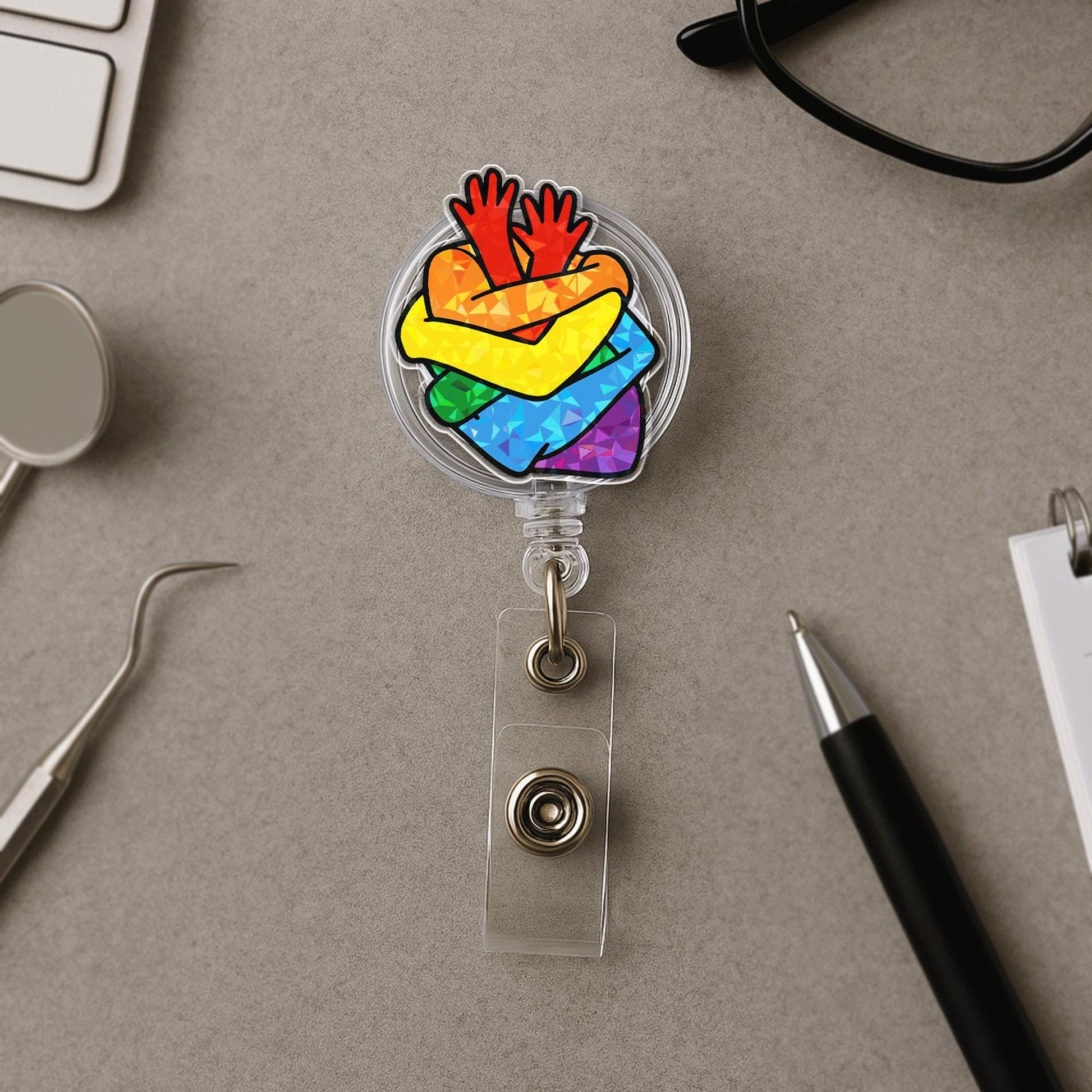Rainbow Heart Hands Badge Reel – LGBTQ+ Pride Month Retractable ID Holder – Colorful Nurse Badge Clip for Work & Pride Events