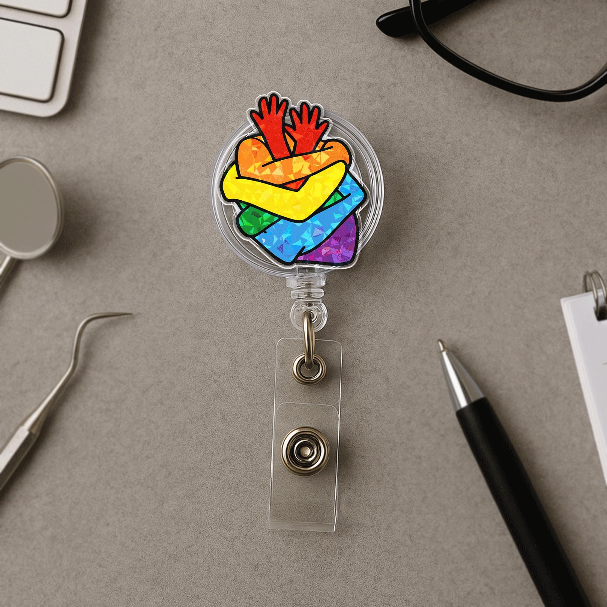 Rainbow Heart Hands Badge Reel – LGBTQ+ Pride Month Retractable ID Holder – Colorful Nurse Badge Clip for Work & Pride Events