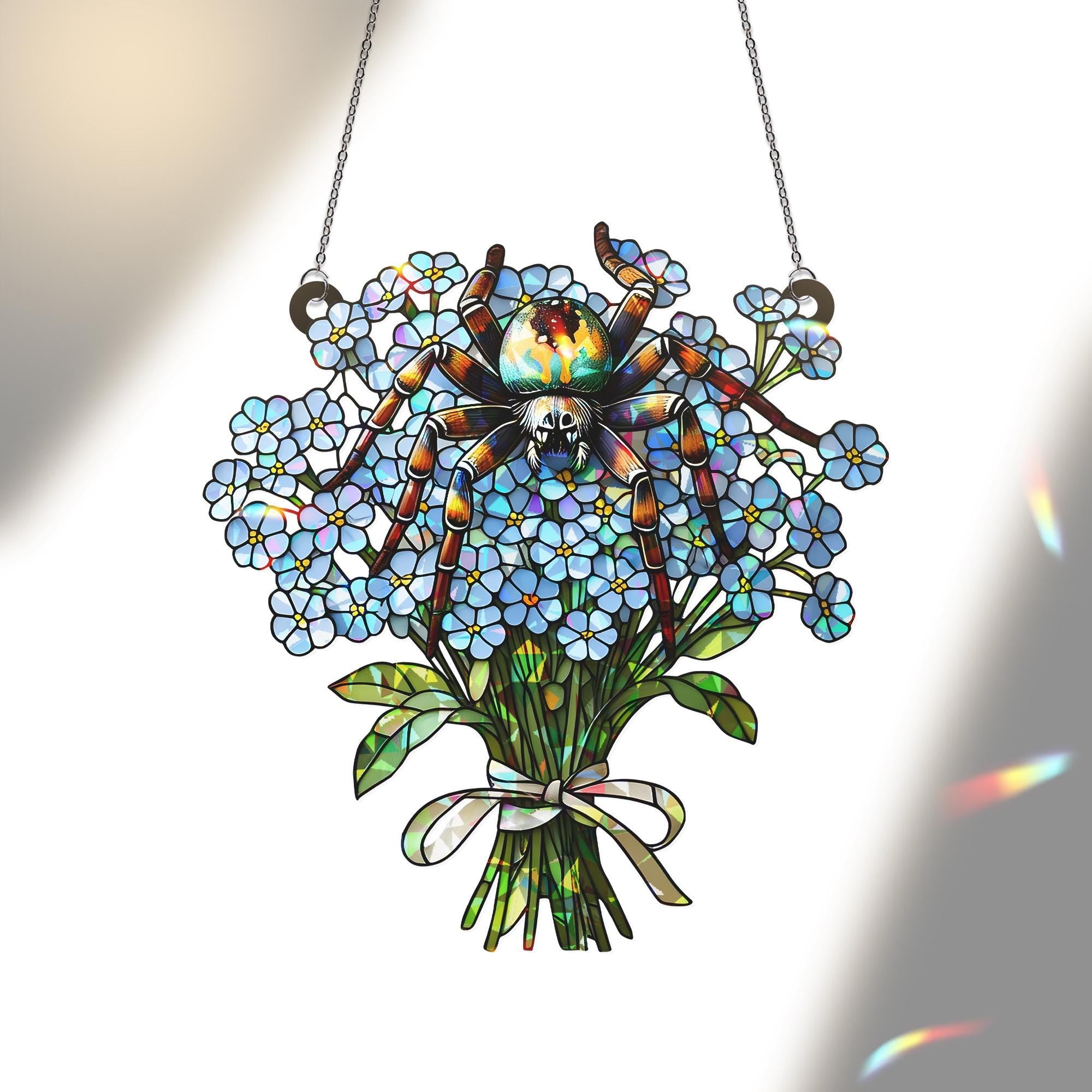 Spider & Forget-Me-Not Hologram Acrylic Window Hanging – Gothic Floral Decor – Mother's Day Gift – Flower and Nature Lover Art