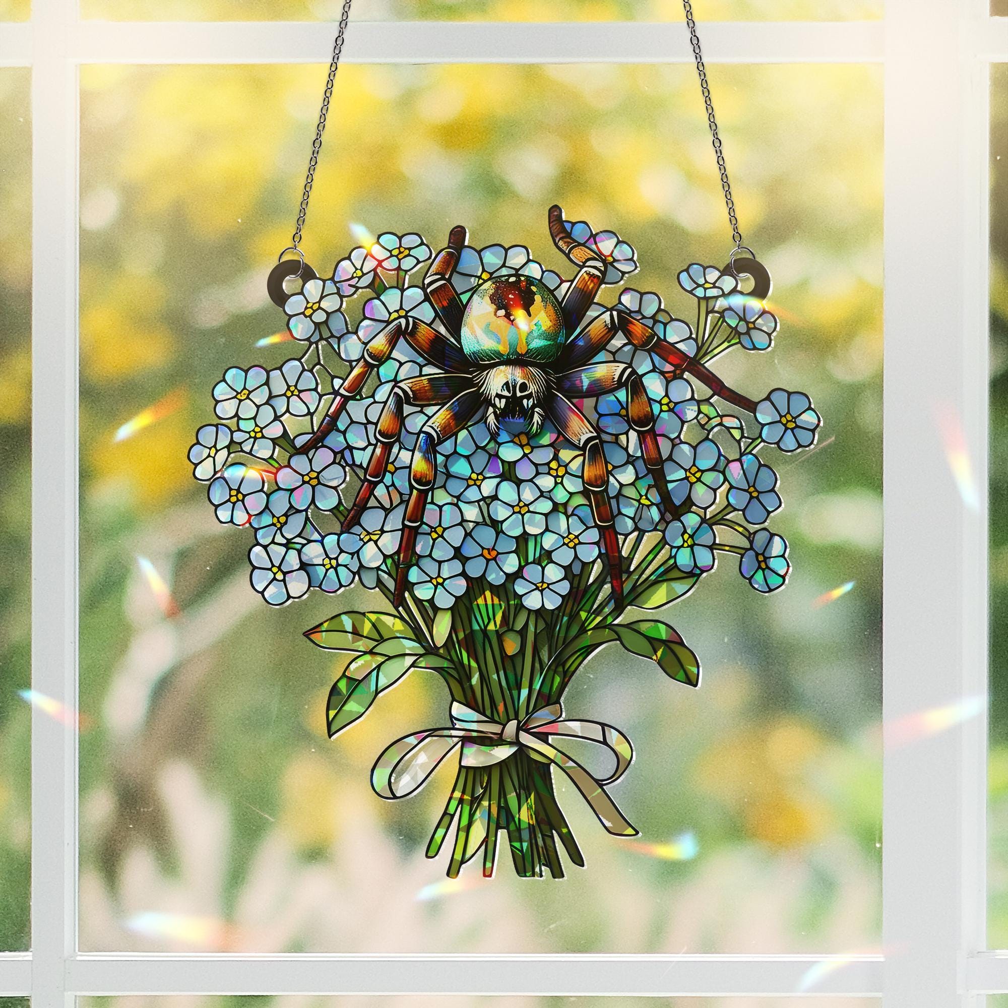 Spider & Forget-Me-Not Hologram Acrylic Window Hanging – Gothic Floral Decor – Mother's Day Gift – Flower and Nature Lover Art