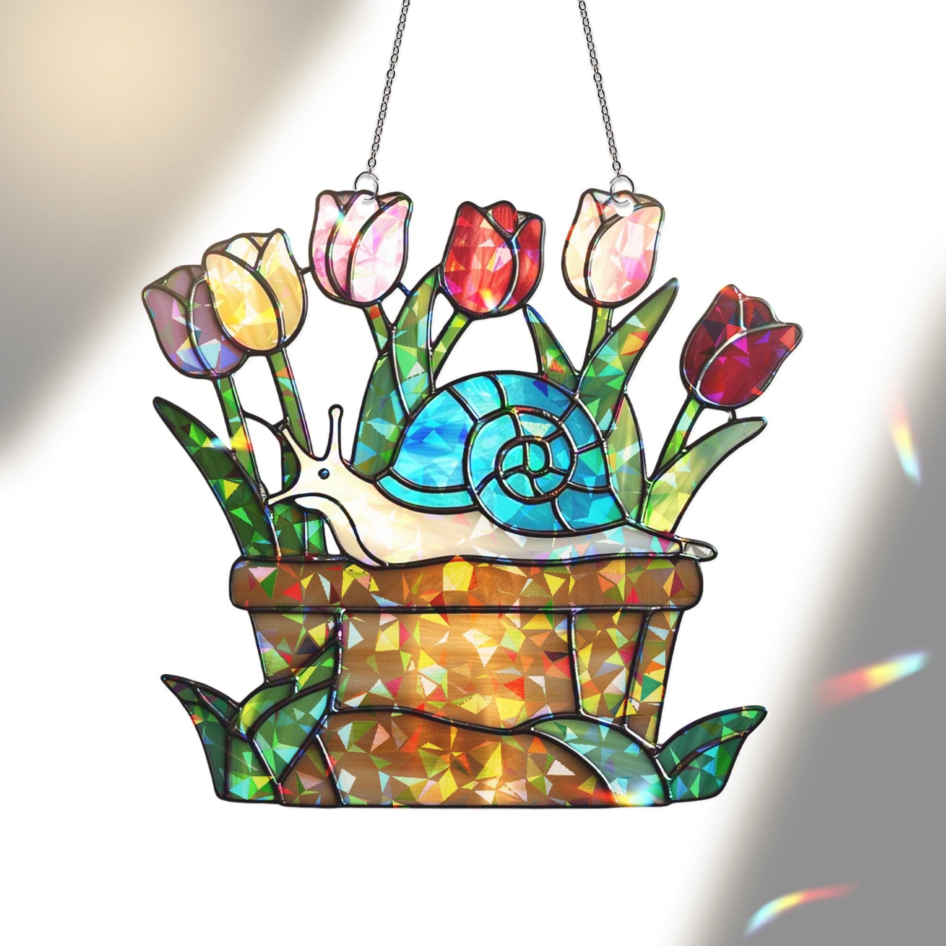 Tulip & Snail Hologram Acrylic Window Hanging – Whimsical Garden Decor – Mother’s Day Gift – Spring Flower Lover Wall Art