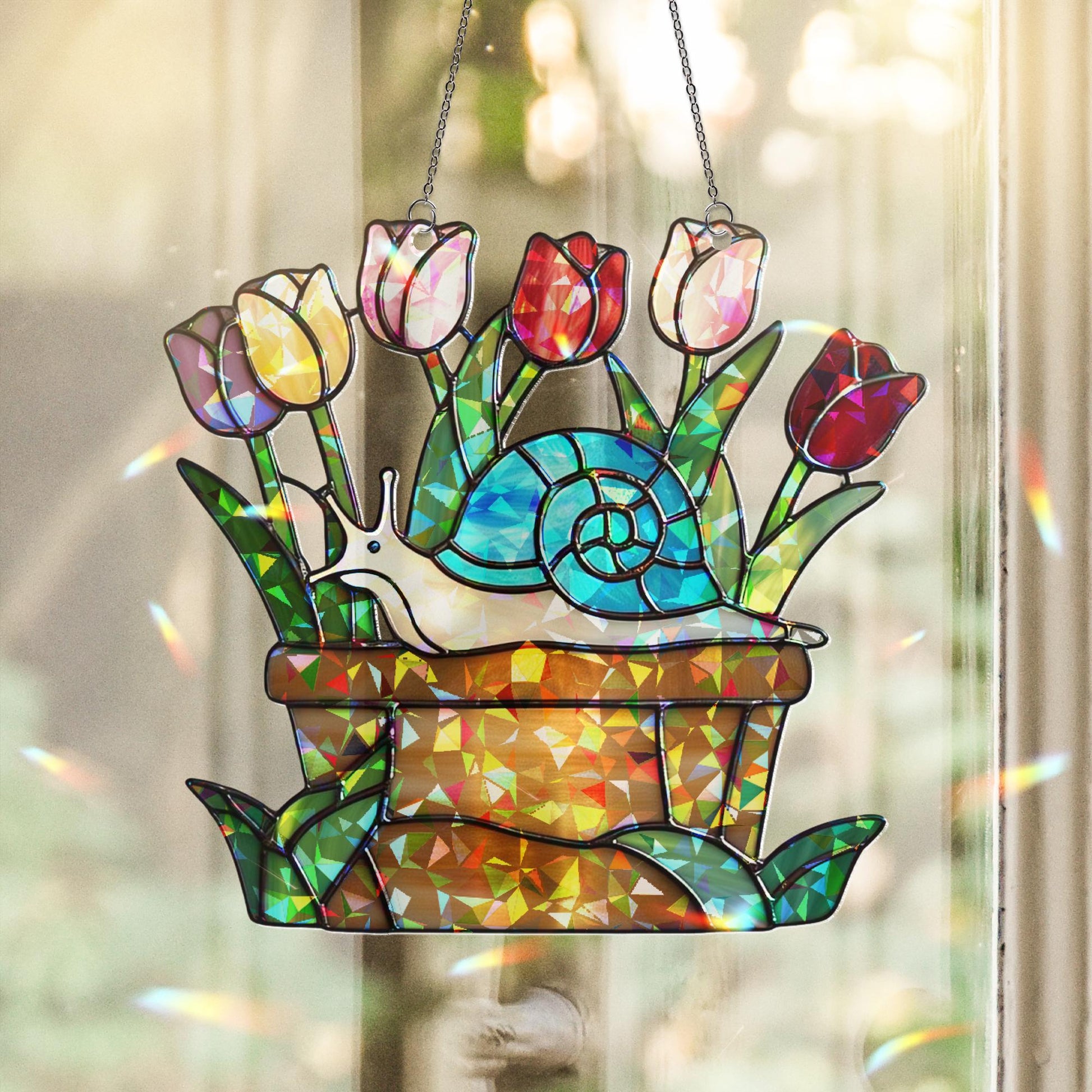 Tulip & Snail Hologram Acrylic Window Hanging – Whimsical Garden Decor – Mother’s Day Gift – Spring Flower Lover Wall Art