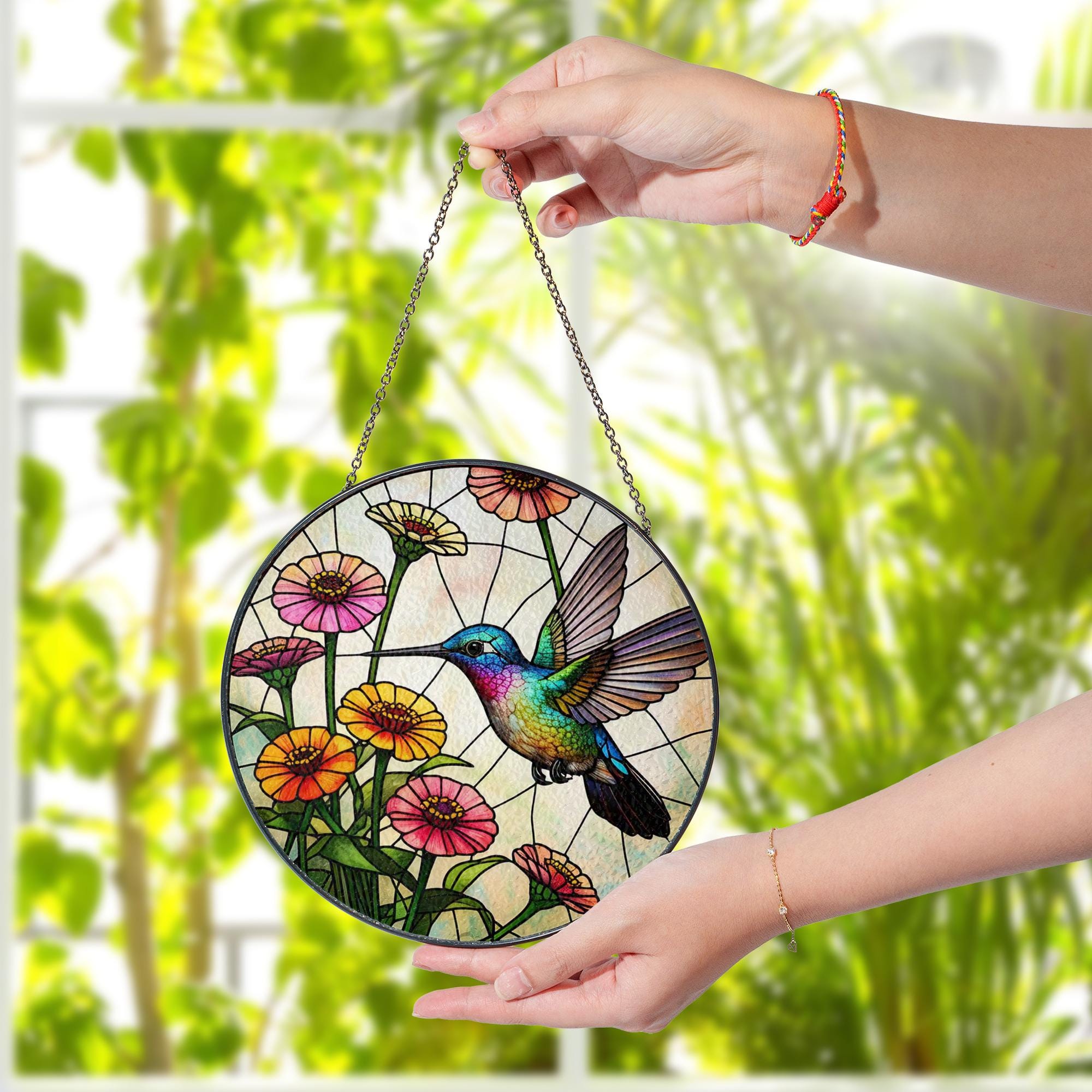 Hummingbird & Zinnias Glass Suncatcher – Vibrant Floral Window Decor – Mother’s Day Gift – Garden Lover Art – Nature Wall Hanging