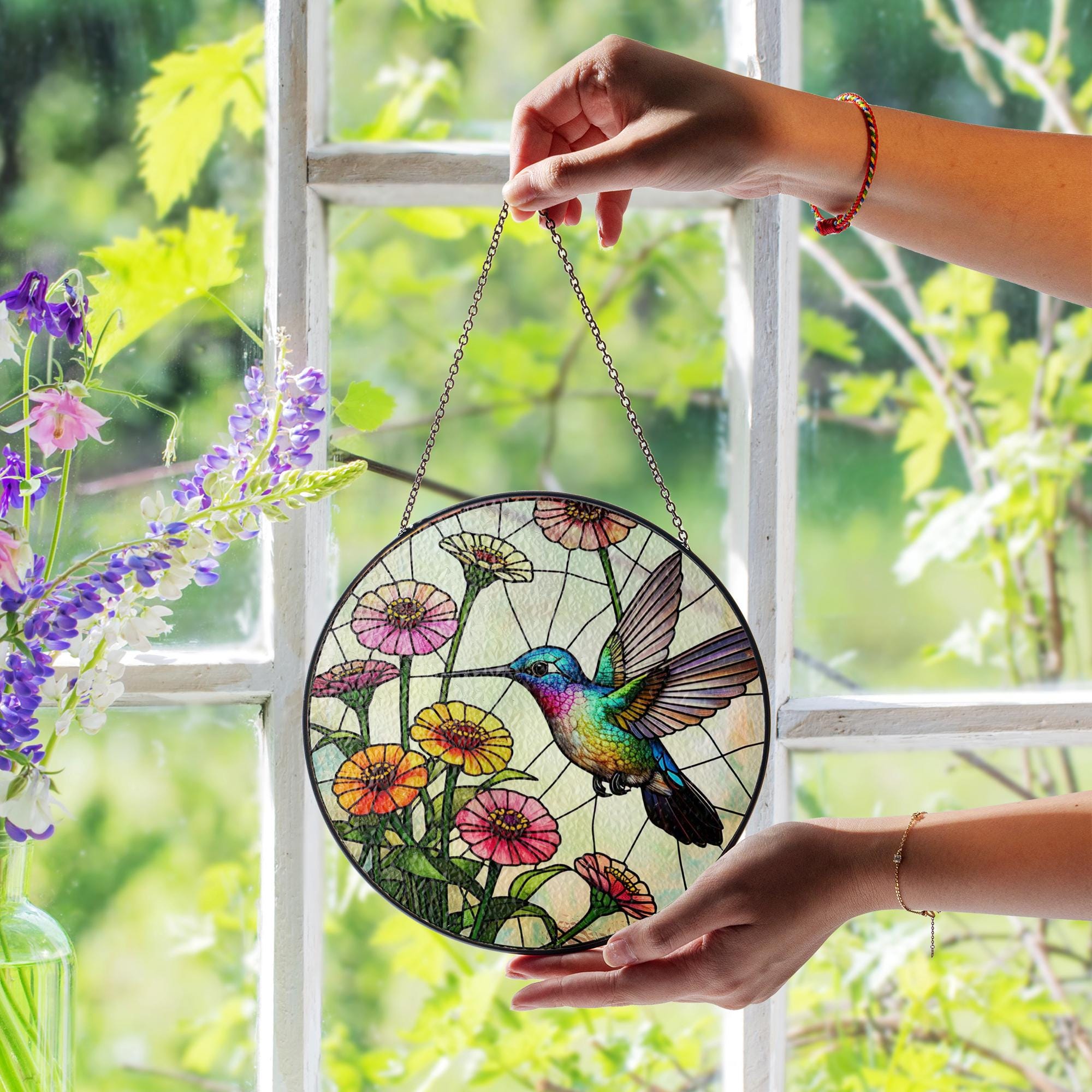 Hummingbird & Zinnias Glass Suncatcher – Vibrant Floral Window Decor – Mother’s Day Gift – Garden Lover Art – Nature Wall Hanging
