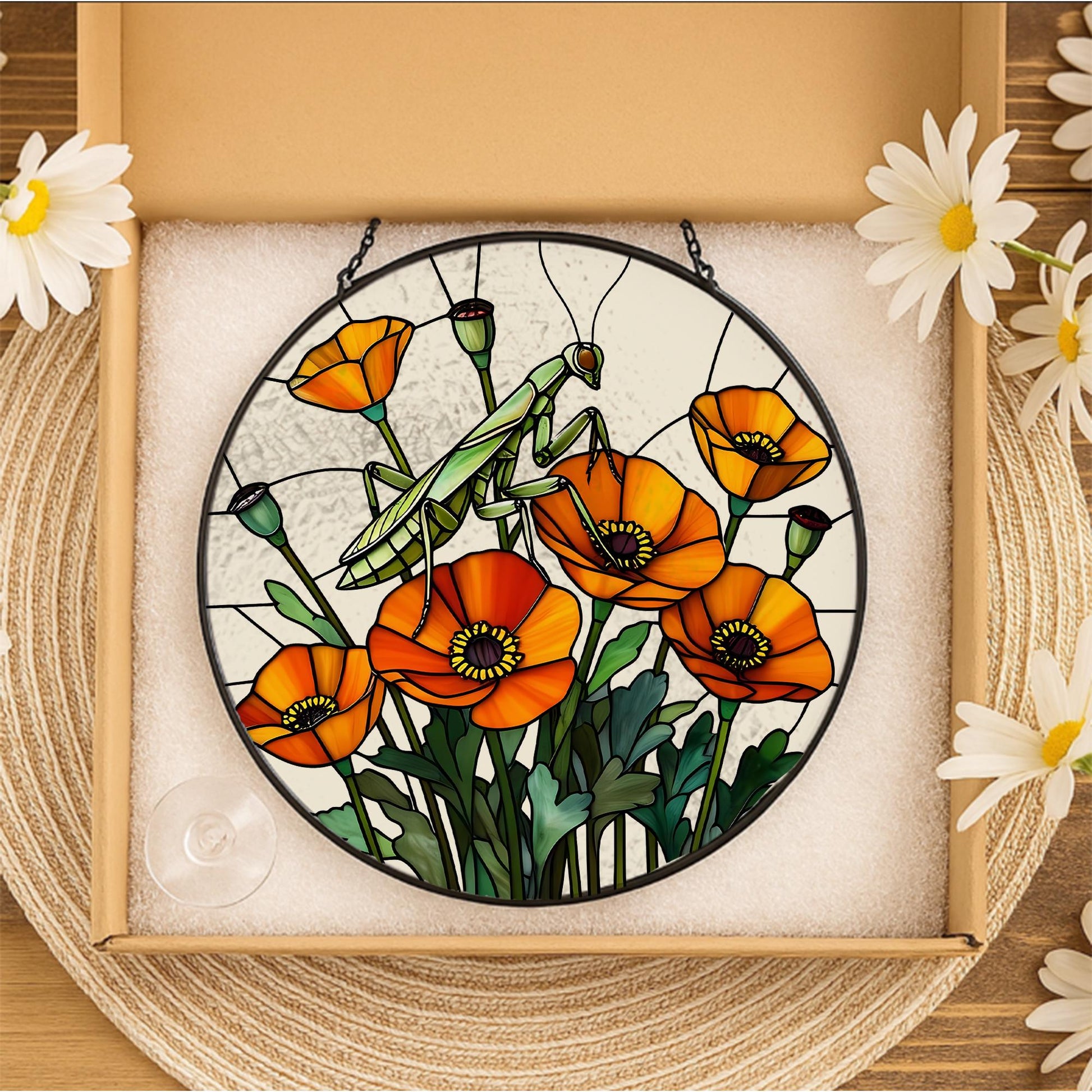 Mantis & Poppy Glass Suncatcher – Bold Floral Insect Window Art – Nature Wall Decor – Mother’s Day Gift – Flower Lover Gift