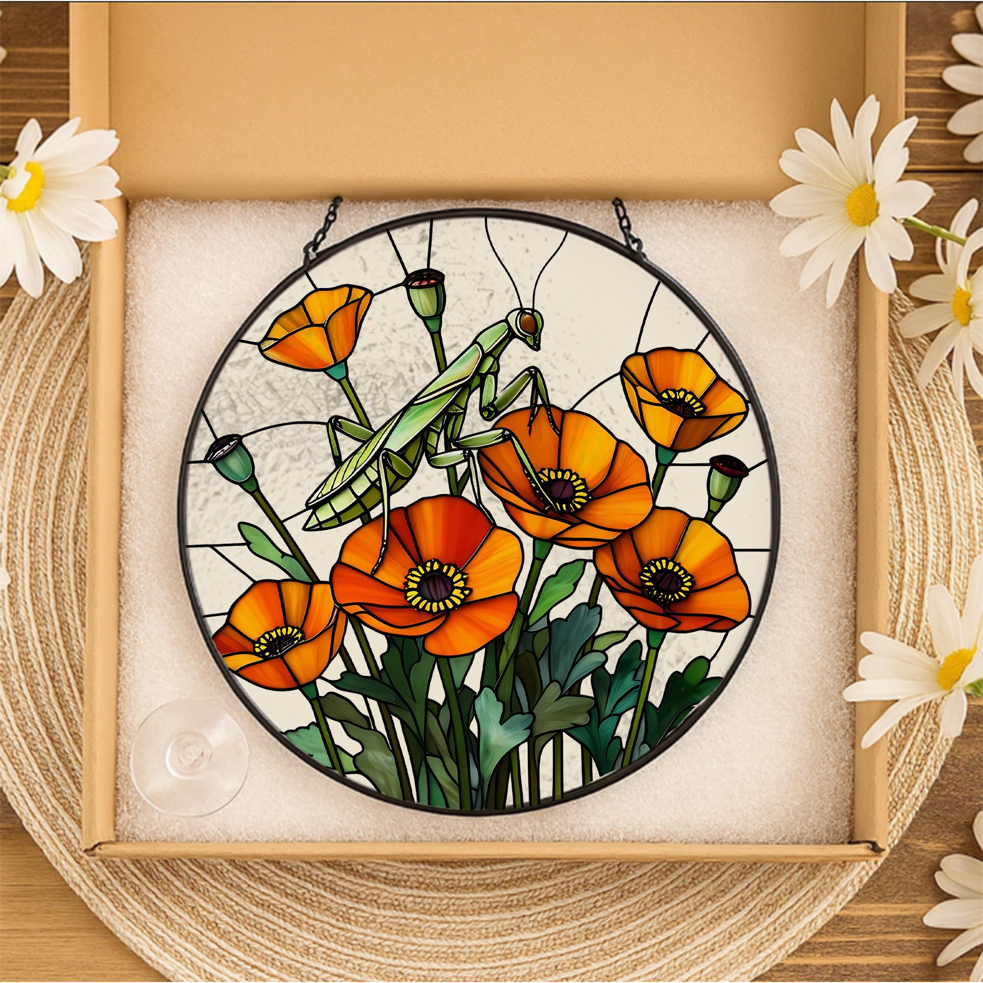 Mantis & Poppy Glass Suncatcher – Bold Floral Insect Window Art – Nature Wall Decor – Mother’s Day Gift – Flower Lover Gift
