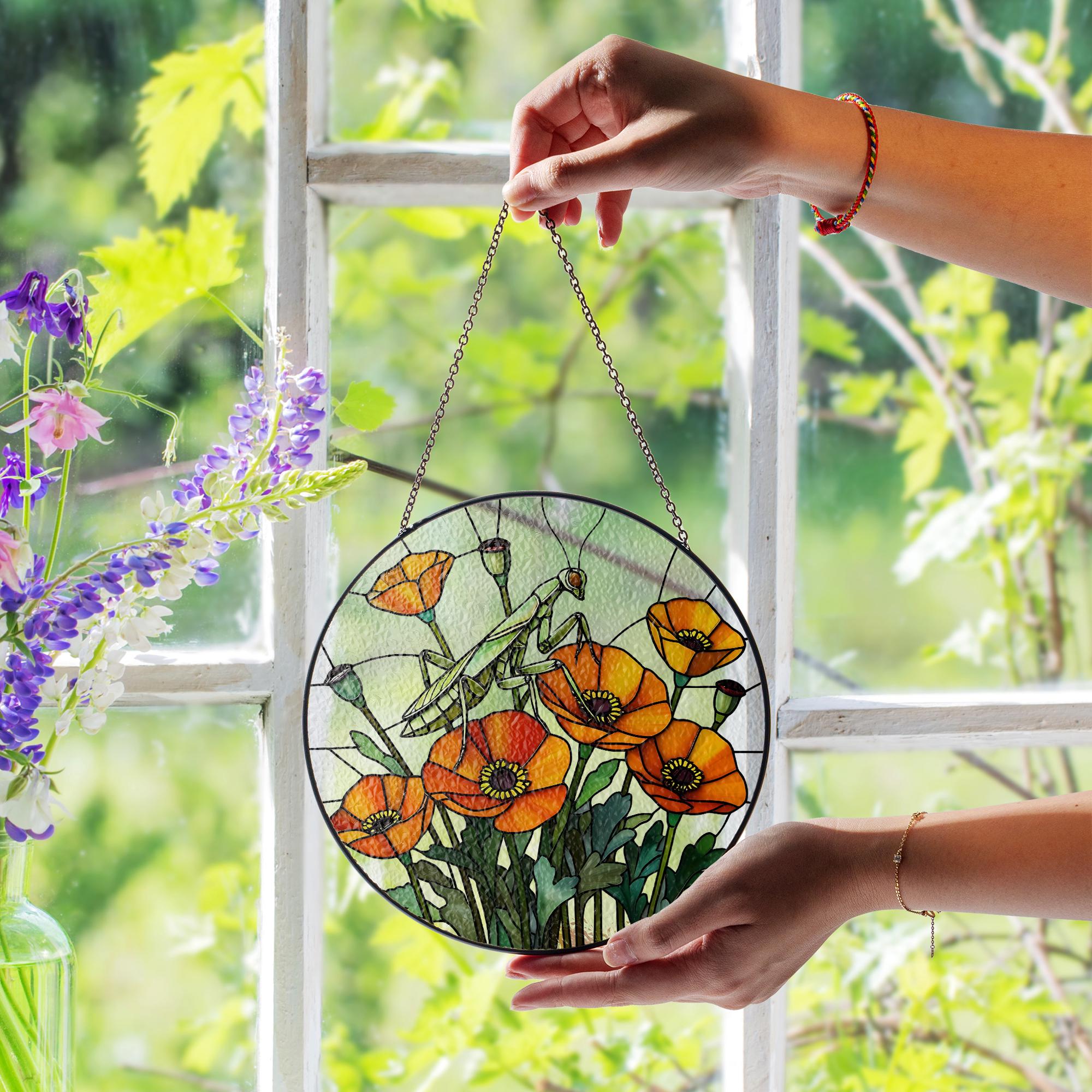 Mantis & Poppy Glass Suncatcher – Bold Floral Insect Window Art – Nature Wall Decor – Mother’s Day Gift – Flower Lover Gift