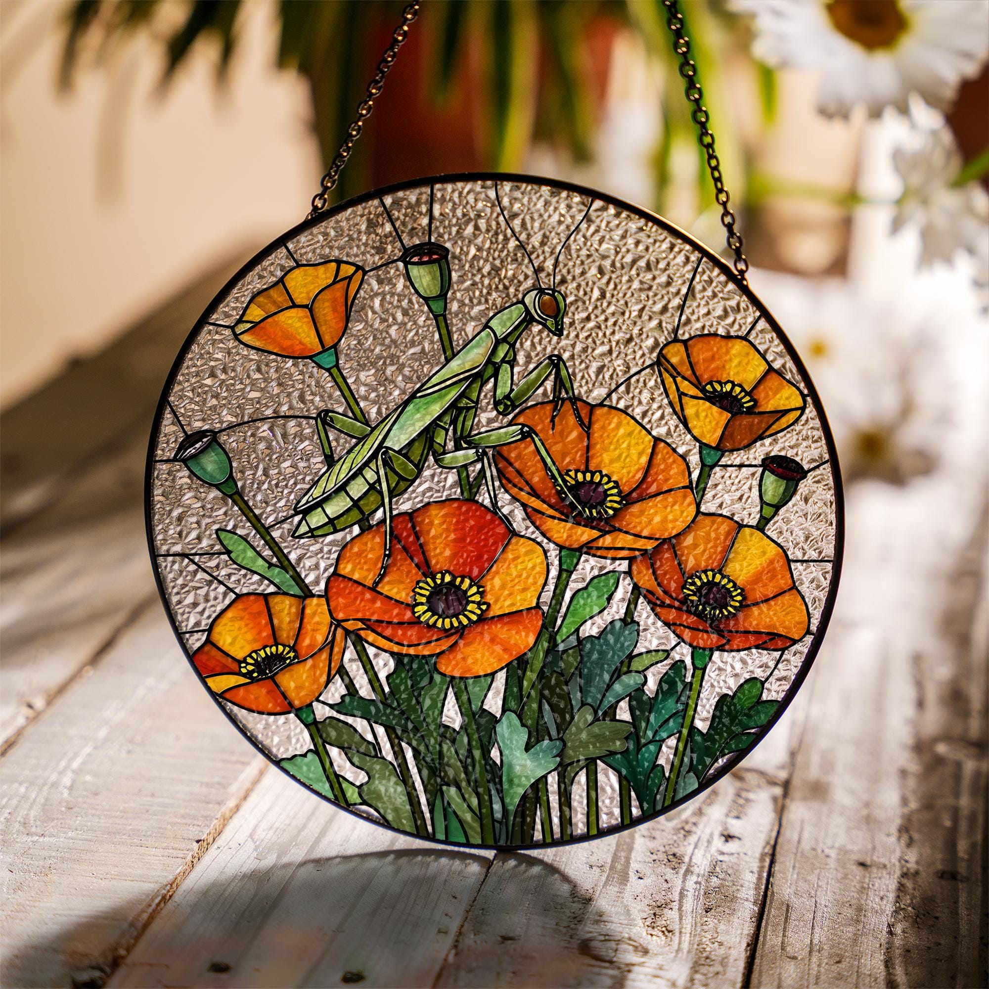 Mantis & Poppy Glass Suncatcher – Bold Floral Insect Window Art – Nature Wall Decor – Mother’s Day Gift – Flower Lover Gift