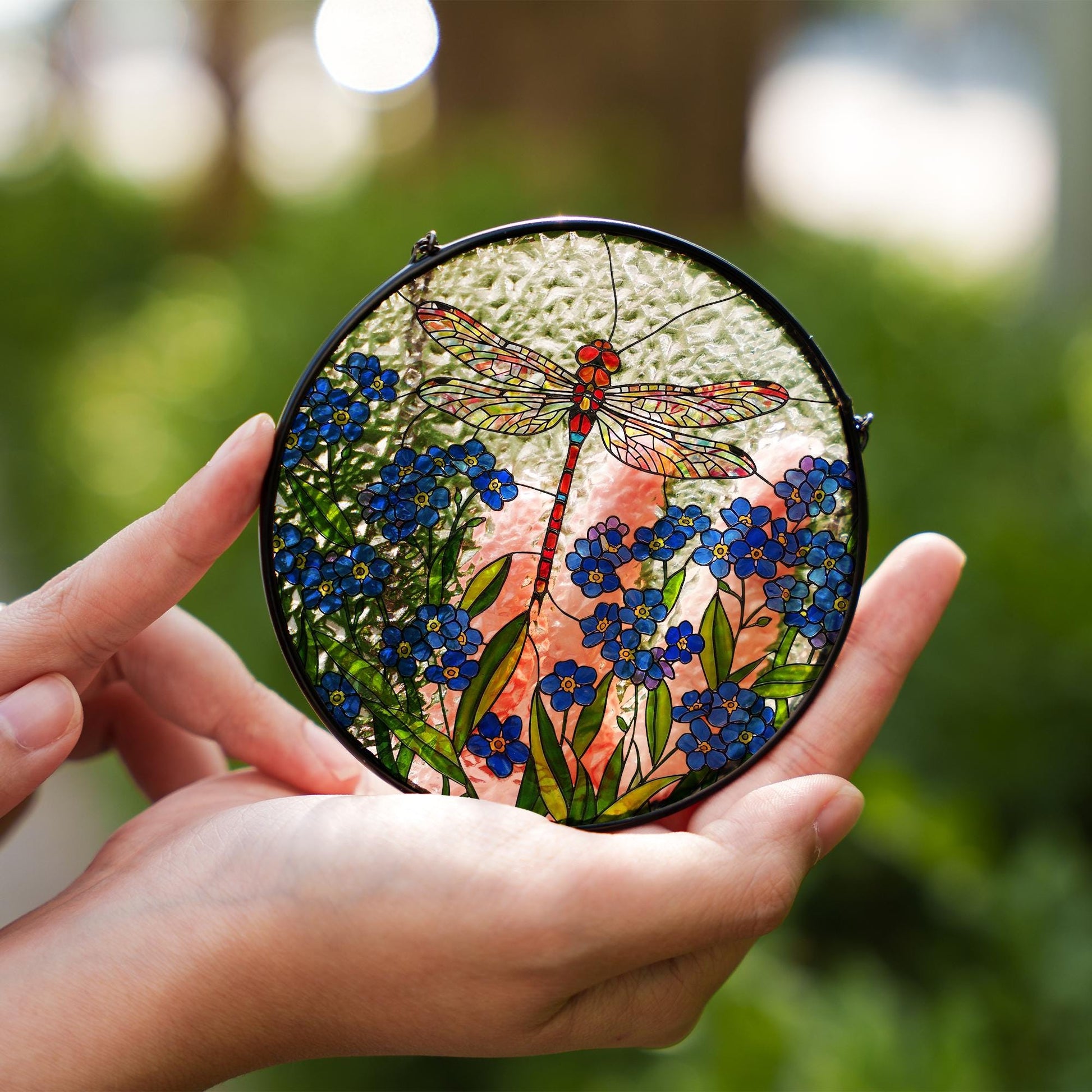 Dragonfly and Forget Me Not Glass Suncatcher - Handmade Floral Window Hanging - Glass Sun Catcher Gift for Garden or Nature Lovers