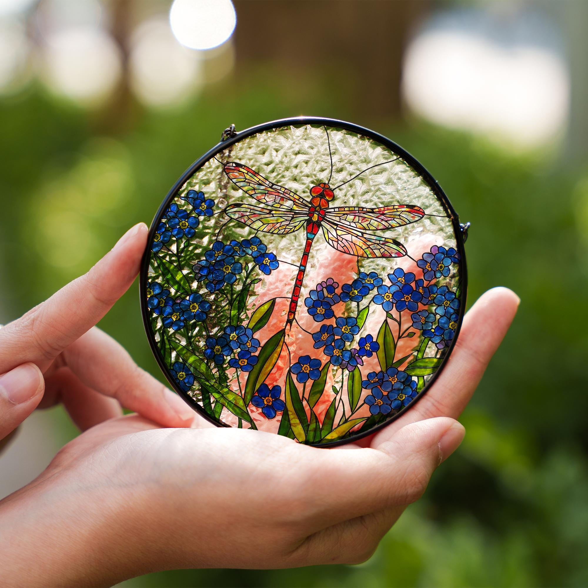 Dragonfly and Forget Me Not Glass Suncatcher - Handmade Floral Window Hanging - Glass Sun Catcher Gift for Garden or Nature Lovers
