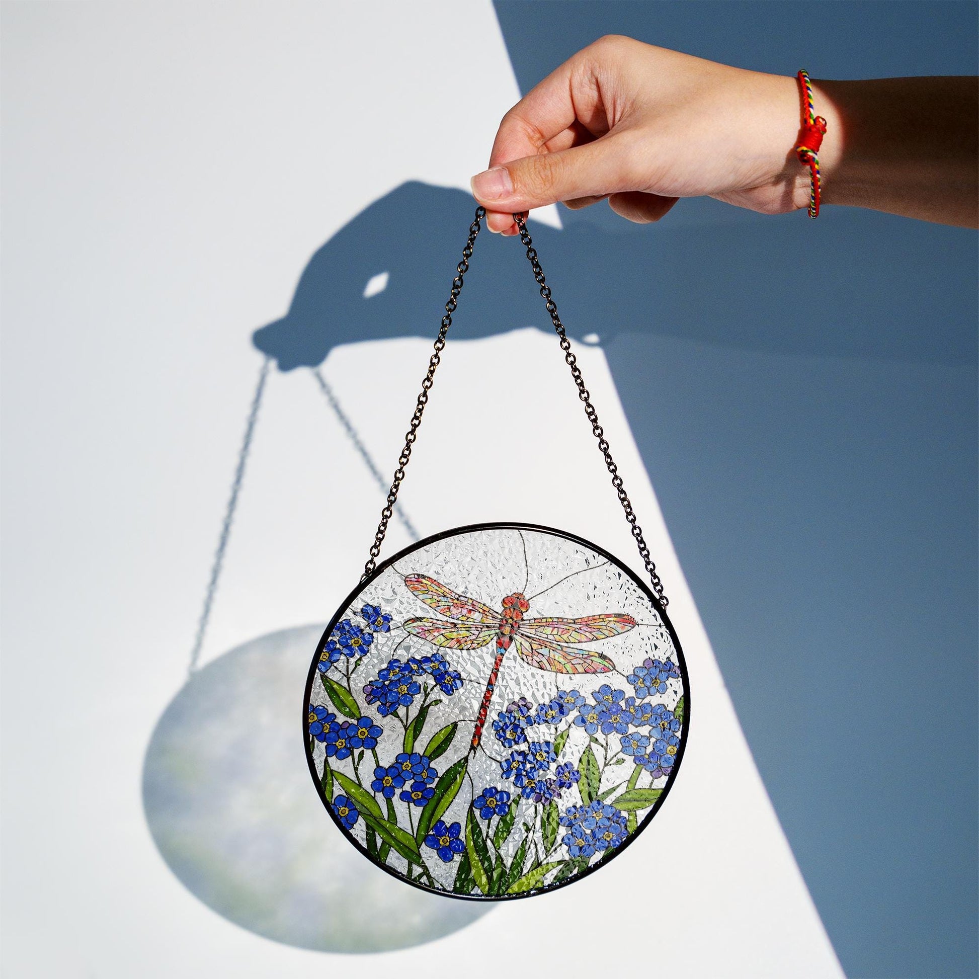 Dragonfly and Forget Me Not Glass Suncatcher - Handmade Floral Window Hanging - Glass Sun Catcher Gift for Garden or Nature Lovers