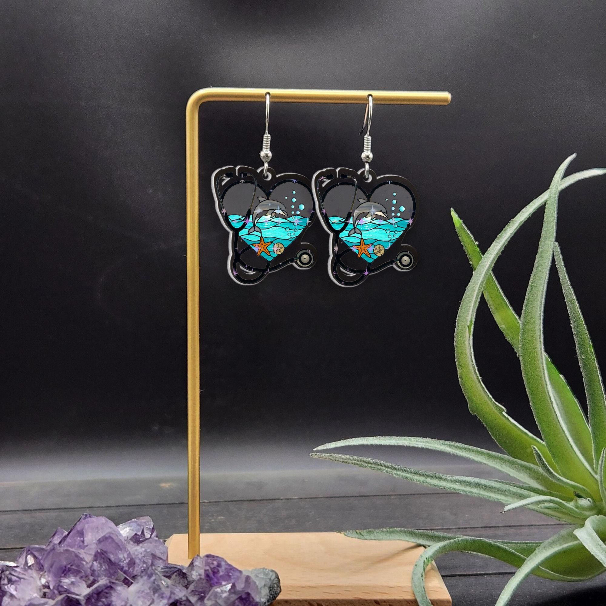 Stethoscope Dolphin Earrings – Nurse Jewelry Gift for Her – Animal Lover Earrings – Healthcare Appreciation – Ocean Inspired Gift