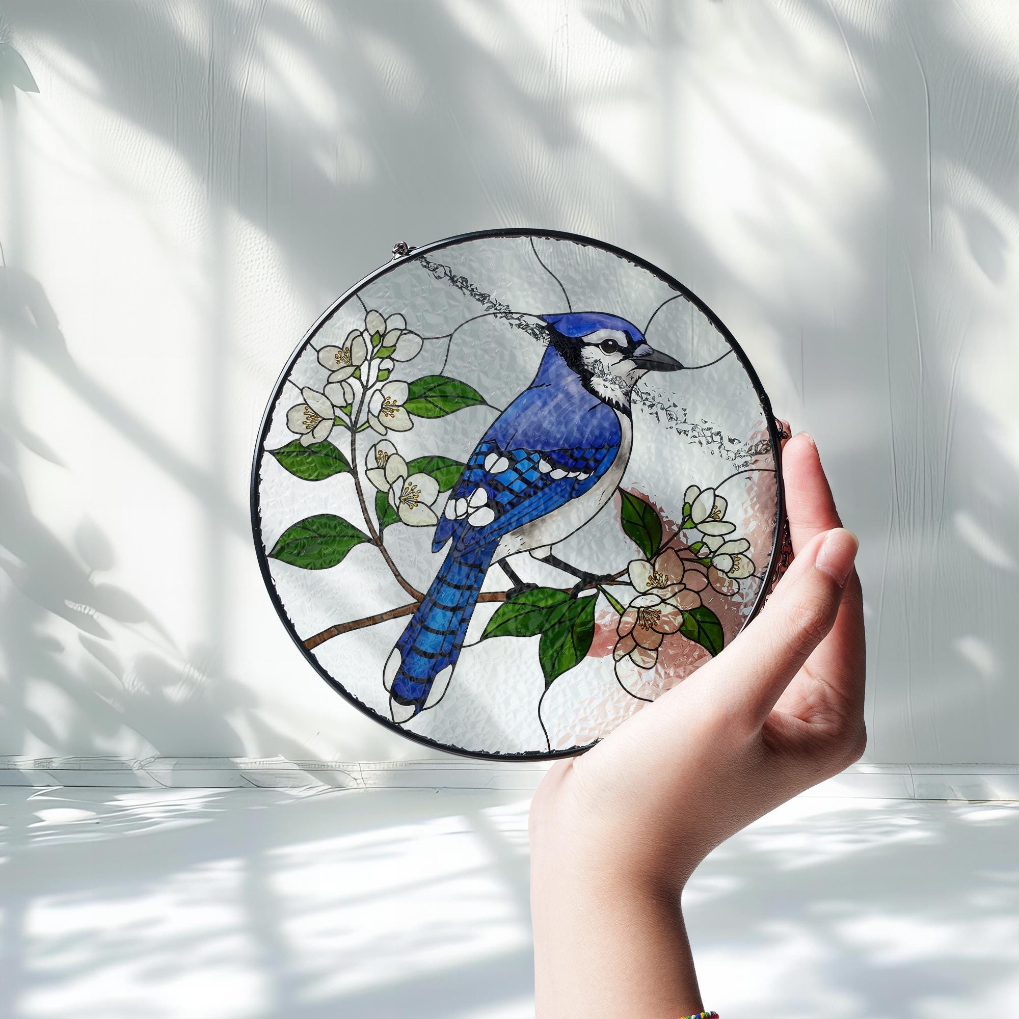 Blue Jay And Jasmine Flower Glass Suncatcher, Bird Suncatcher, Nature Decor, Blue Bird Gift, Wildlife Lover, Garden Accent, Gift For Mom