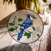 Blue Jay And Jasmine Flower Glass Suncatcher, Bird Suncatcher, Nature Decor, Blue Bird Gift, Wildlife Lover, Garden Accent, Gift For Mom