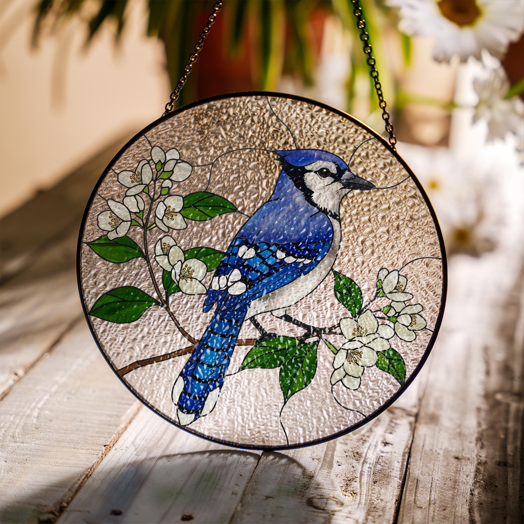 Blue Jay And Jasmine Flower Glass Suncatcher, Bird Suncatcher, Nature Decor, Blue Bird Gift, Wildlife Lover, Garden Accent, Gift For Mom