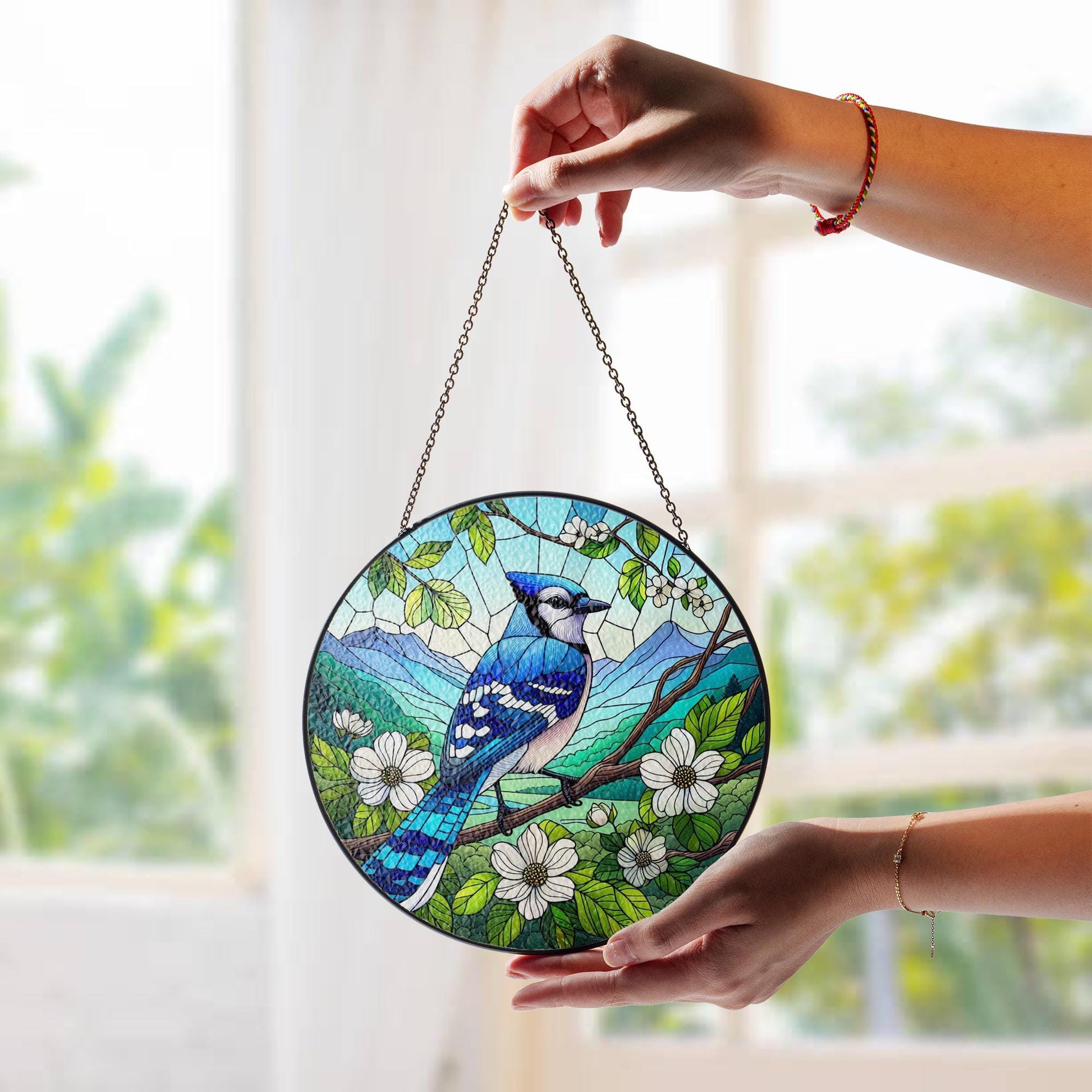 Blue Jay And Dogwood Glass Suncatcher – Bird Window Hanging with Blossoms & Mountain View – Nature Lover Home Gift, Gift For Mom
