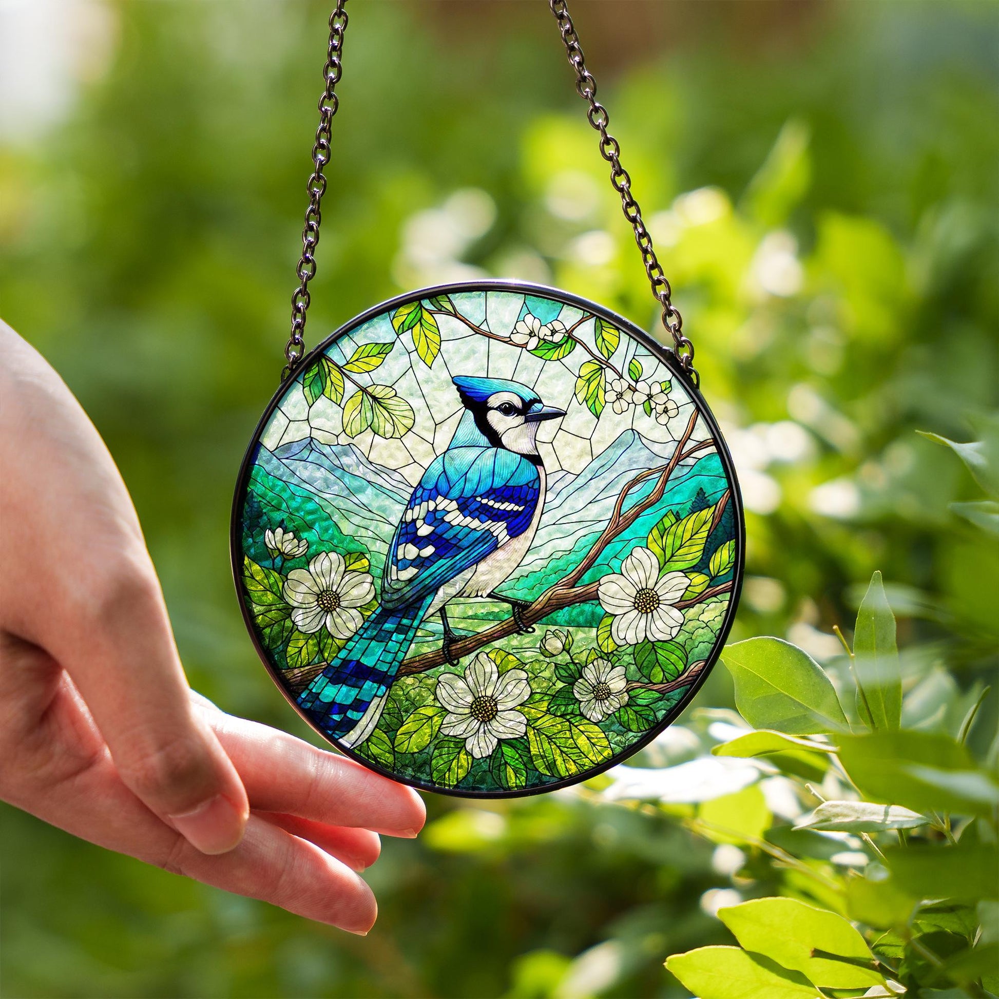 Blue Jay And Dogwood Glass Suncatcher – Bird Window Hanging with Blossoms & Mountain View – Nature Lover Home Gift, Gift For Mom