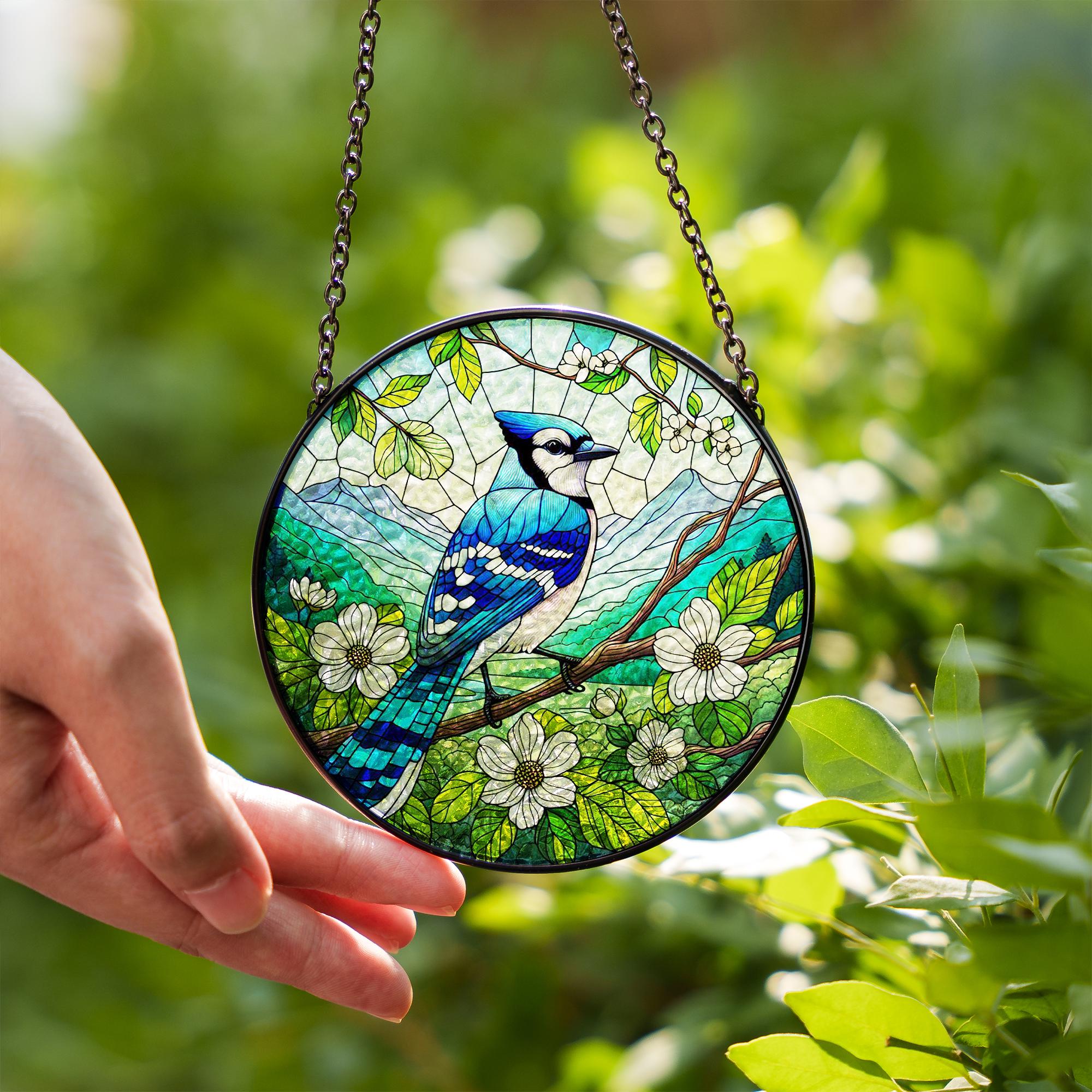 Blue Jay And Dogwood Glass Suncatcher – Bird Window Hanging with Blossoms & Mountain View – Nature Lover Home Gift, Gift For Mom
