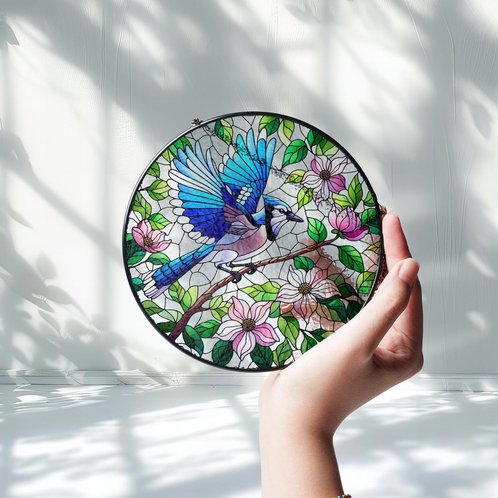 Blue Jay & Dogwood Glass Suncatcher – Bird and Flower Window Art – Mother’s Day Gift – Nature Lover Decor – Garden Sun Catcher