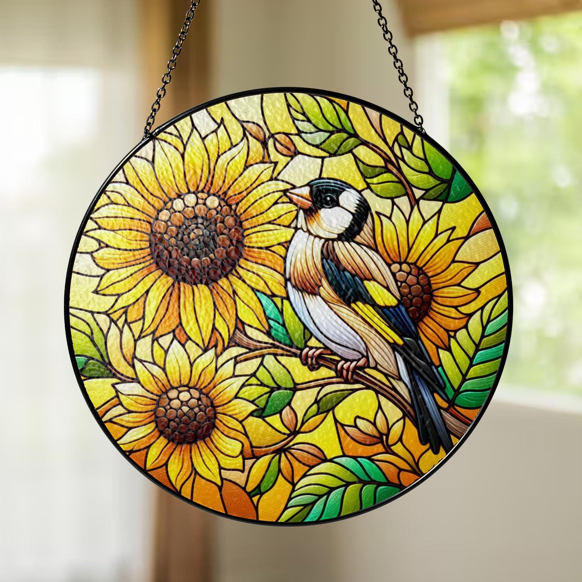 Goldfinch & Sunflower Glass Suncatcher – Cheerful Bird and Floral Window Art – Mother’s Day Gift – Nature Decor – Flower Lover Gift
