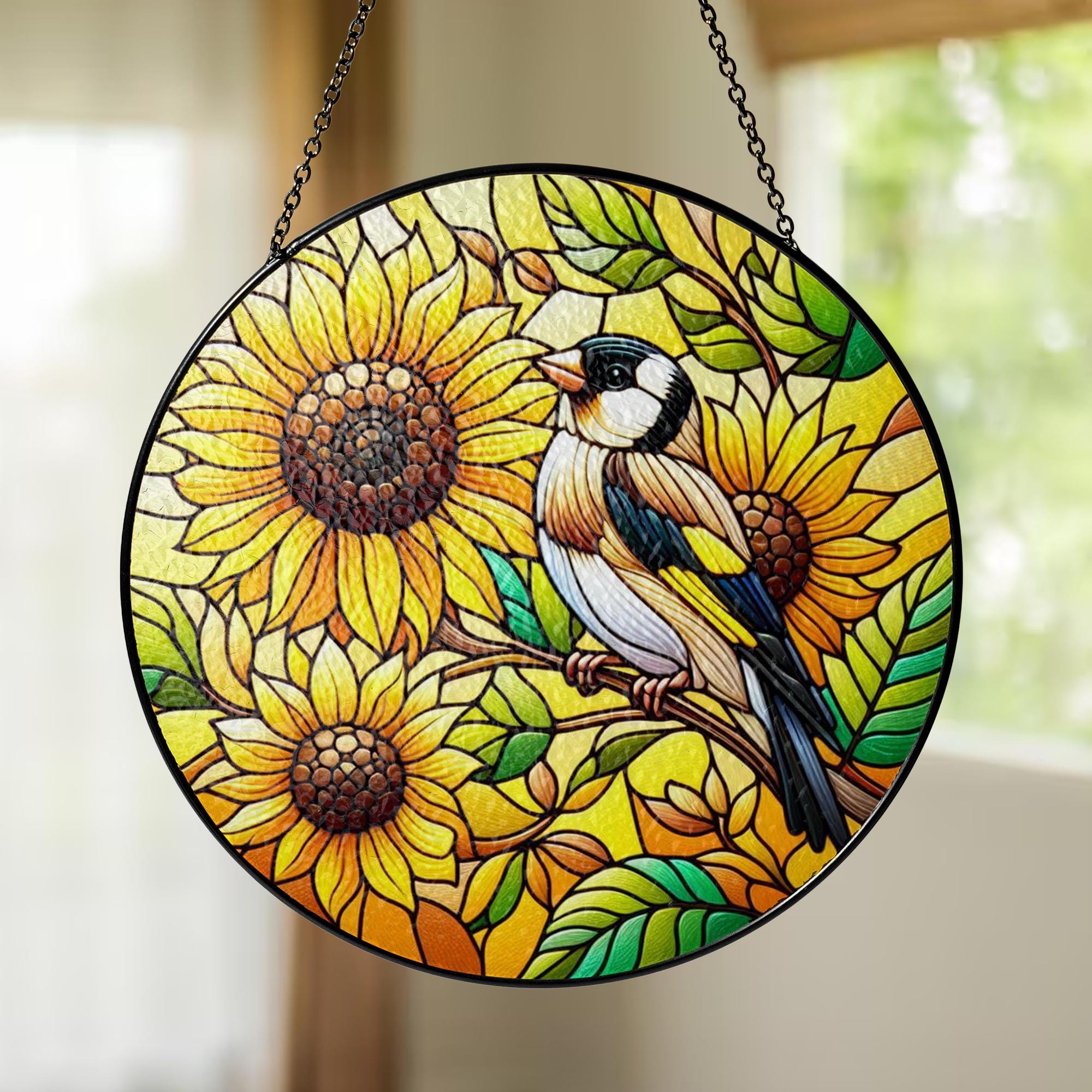 Goldfinch & Sunflower Glass Suncatcher – Cheerful Bird and Floral Window Art – Mother’s Day Gift – Nature Decor – Flower Lover Gift