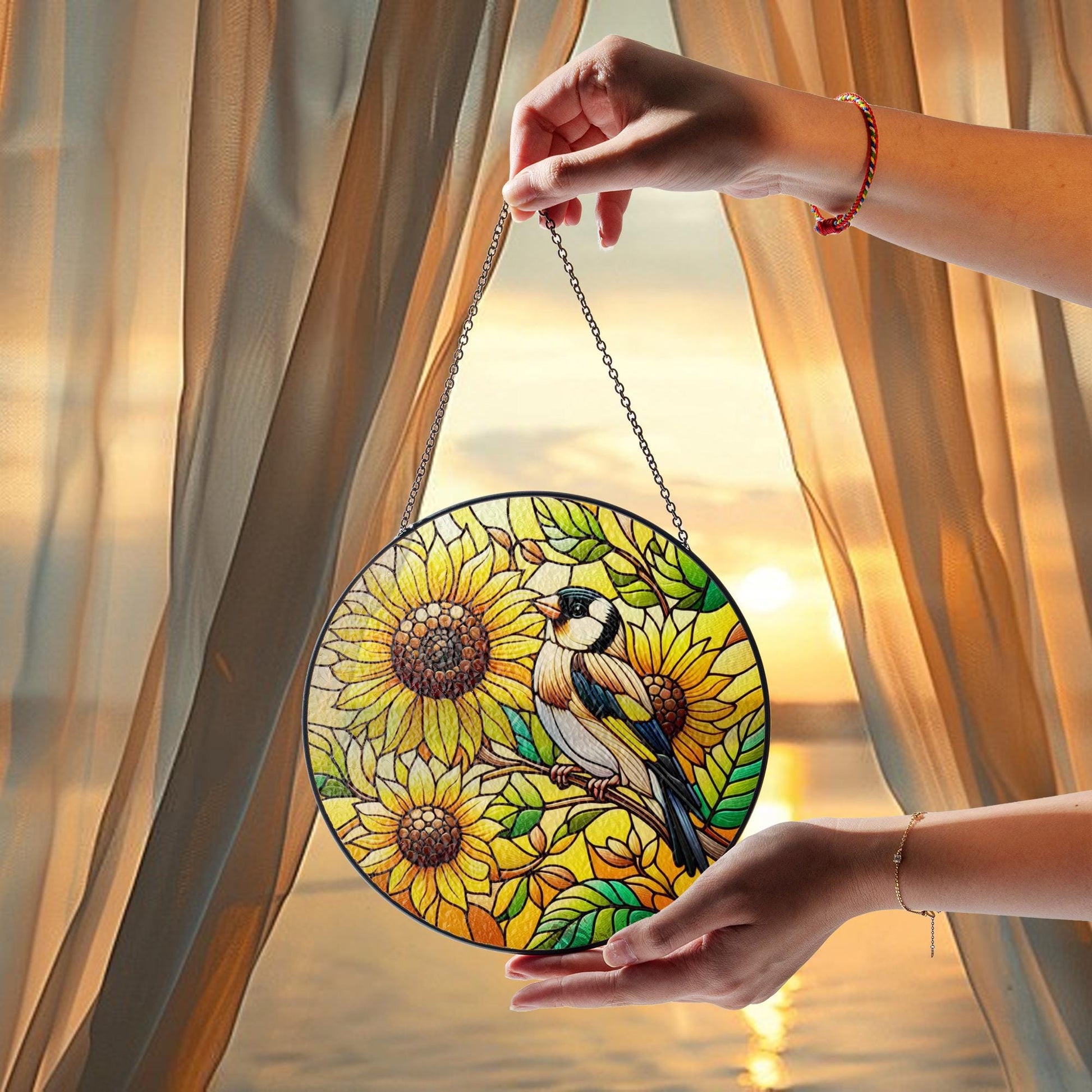 Goldfinch & Sunflower Glass Suncatcher – Cheerful Bird and Floral Window Art – Mother’s Day Gift – Nature Decor – Flower Lover Gift