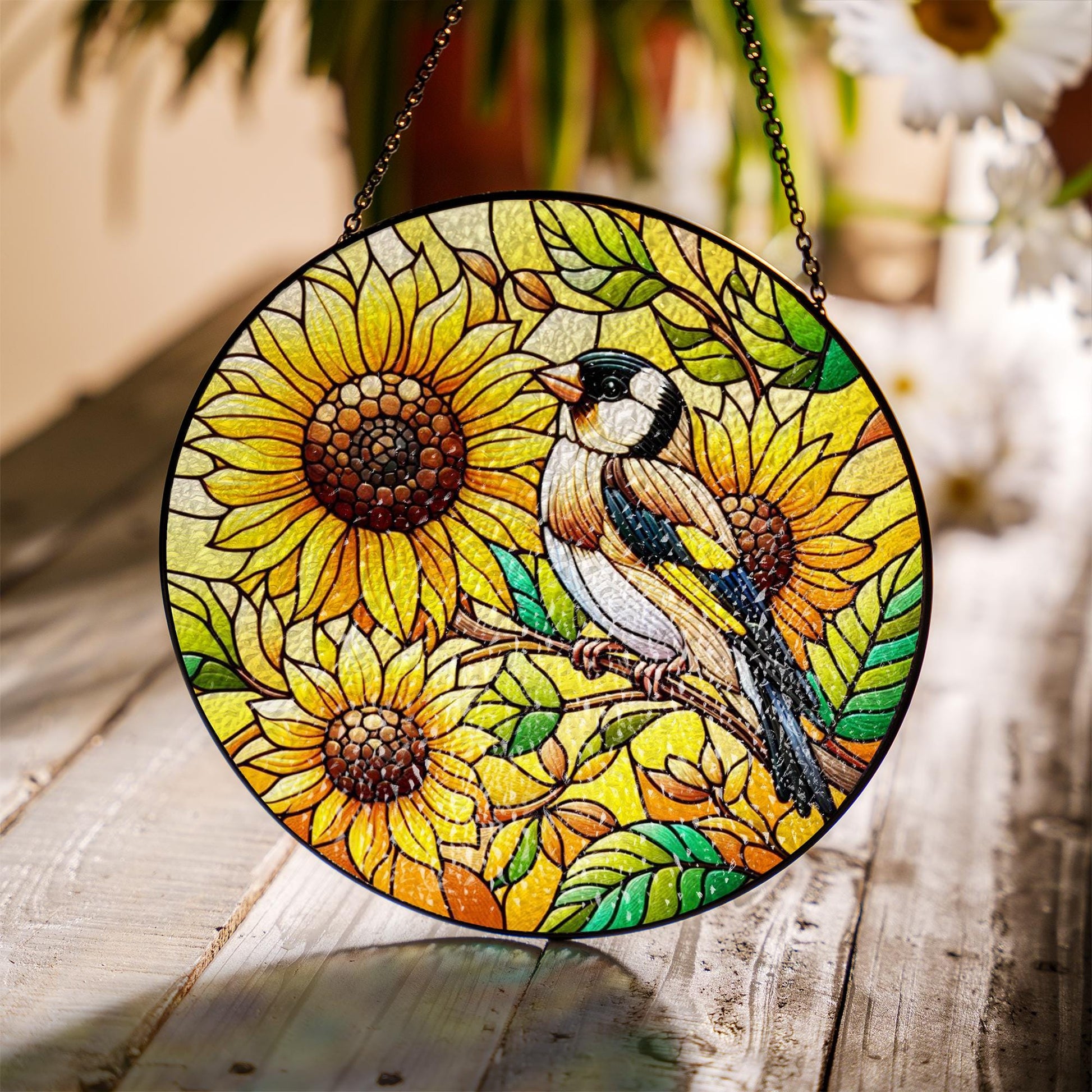 Goldfinch & Sunflower Glass Suncatcher – Cheerful Bird and Floral Window Art – Mother’s Day Gift – Nature Decor – Flower Lover Gift
