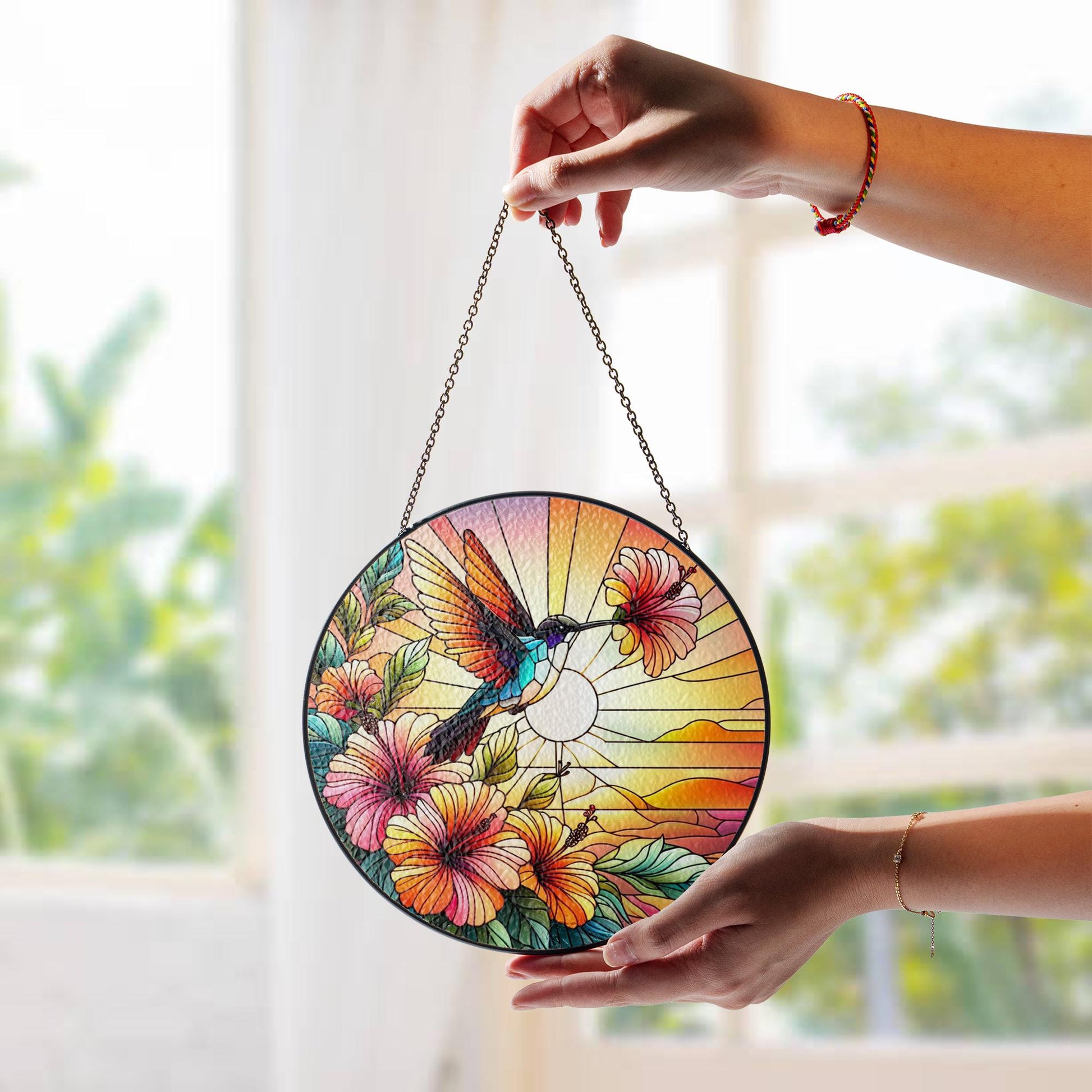 Hummingbird And Hibiscus Flowers Glass Suncatcher – Bird Suncatcher - Boho Nature Home Decor Gift, Nature Lover Home Gift, Gift For Mom