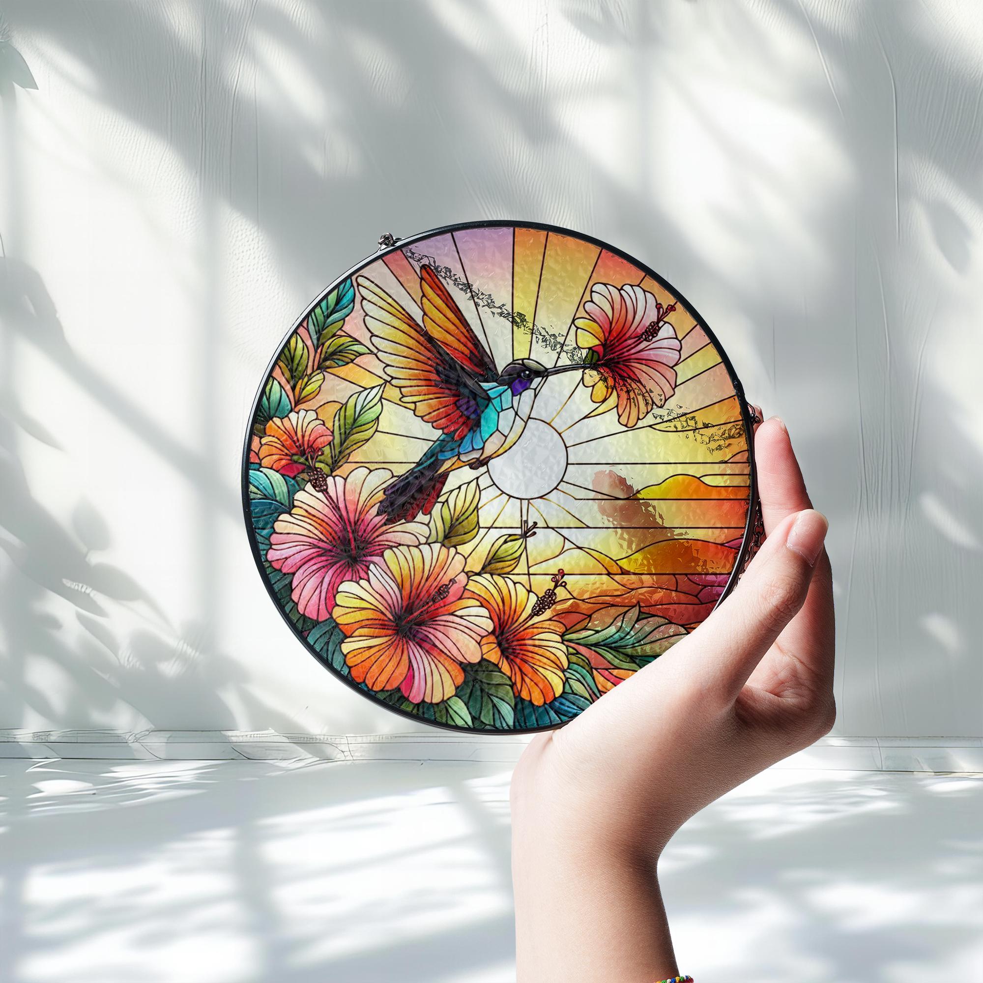 Hummingbird And Hibiscus Flowers Glass Suncatcher – Bird Suncatcher - Boho Nature Home Decor Gift, Nature Lover Home Gift, Gift For Mom