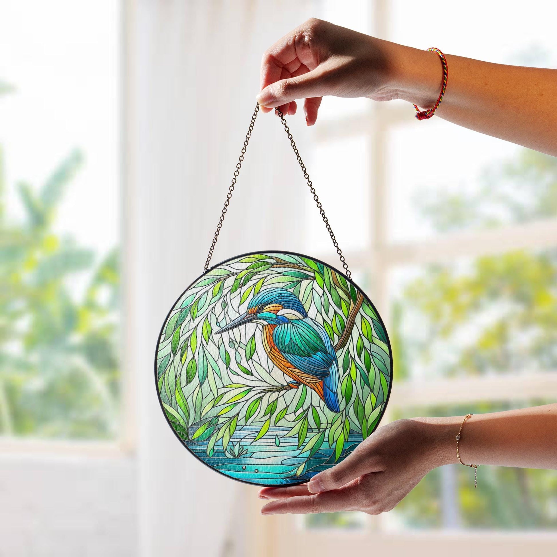 Kingfisher & Willow Glass Suncatcher – Tranquil Bird and Tree Window Art – Mother’s Day Gift – Nature Decor – Flower Lover Gift