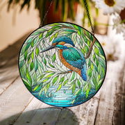 Kingfisher & Willow Glass Suncatcher – Tranquil Bird and Tree Window Art – Mother’s Day Gift – Nature Decor – Flower Lover Gift