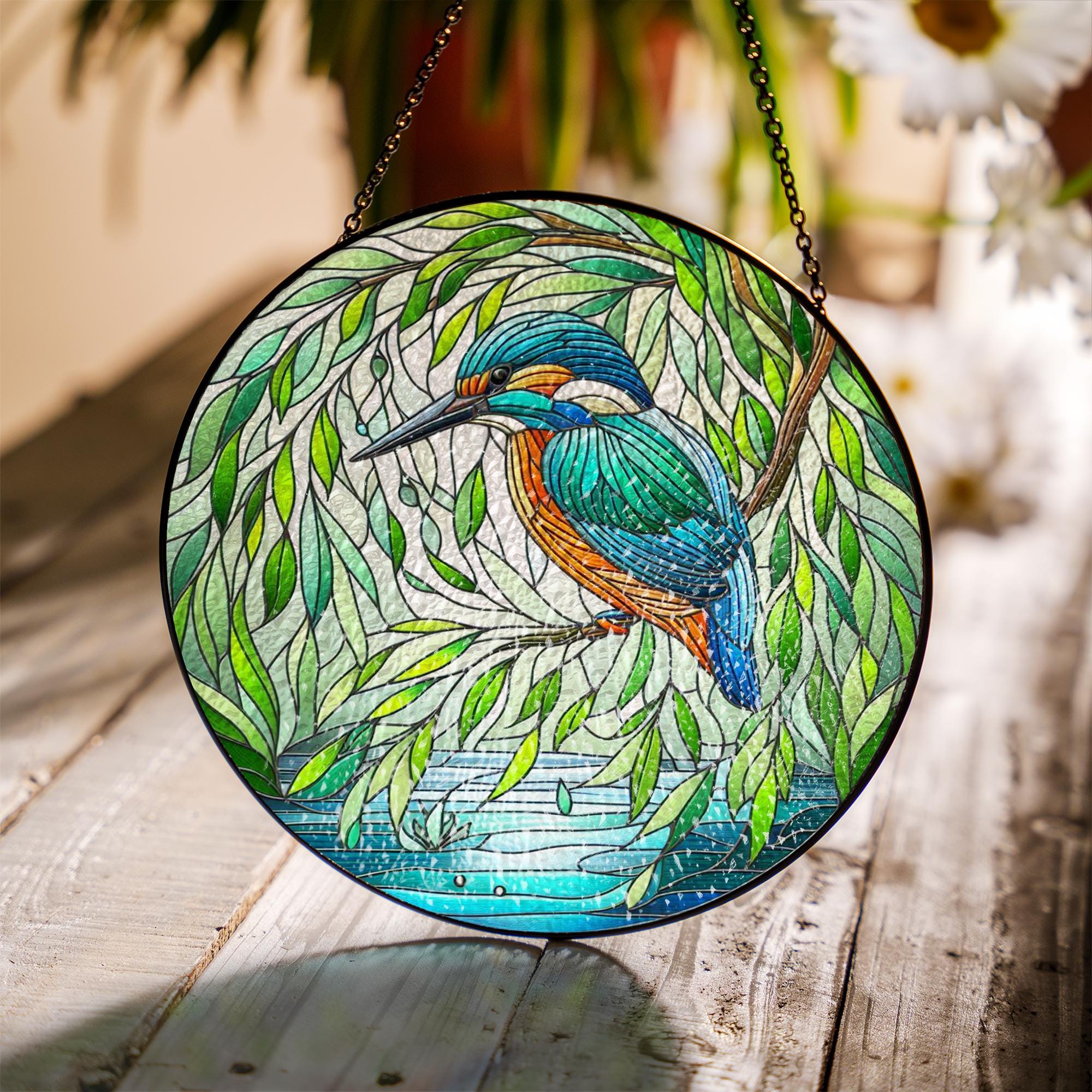 Kingfisher & Willow Glass Suncatcher – Tranquil Bird and Tree Window Art – Mother’s Day Gift – Nature Decor – Flower Lover Gift