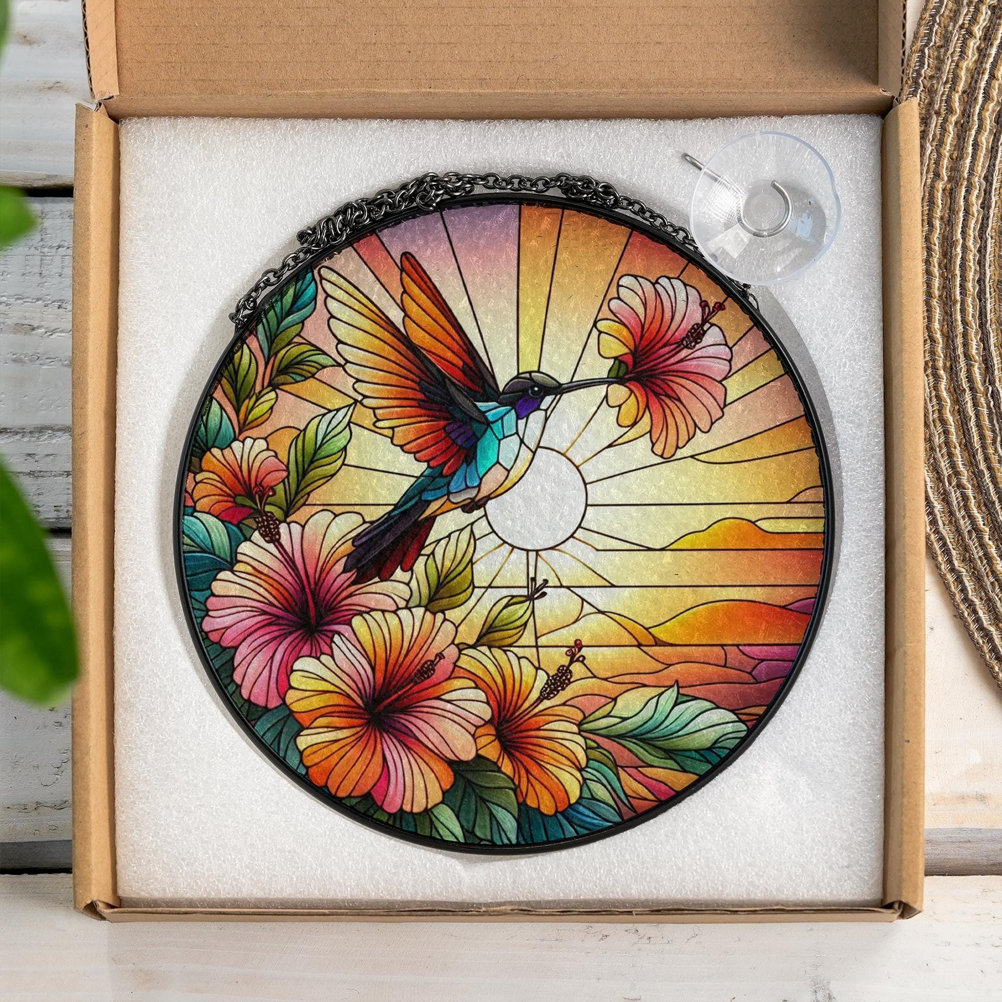 Hummingbird And Hibiscus Flowers Glass Suncatcher – Bird Suncatcher - Boho Nature Home Decor Gift, Nature Lover Home Gift, Gift For Mom