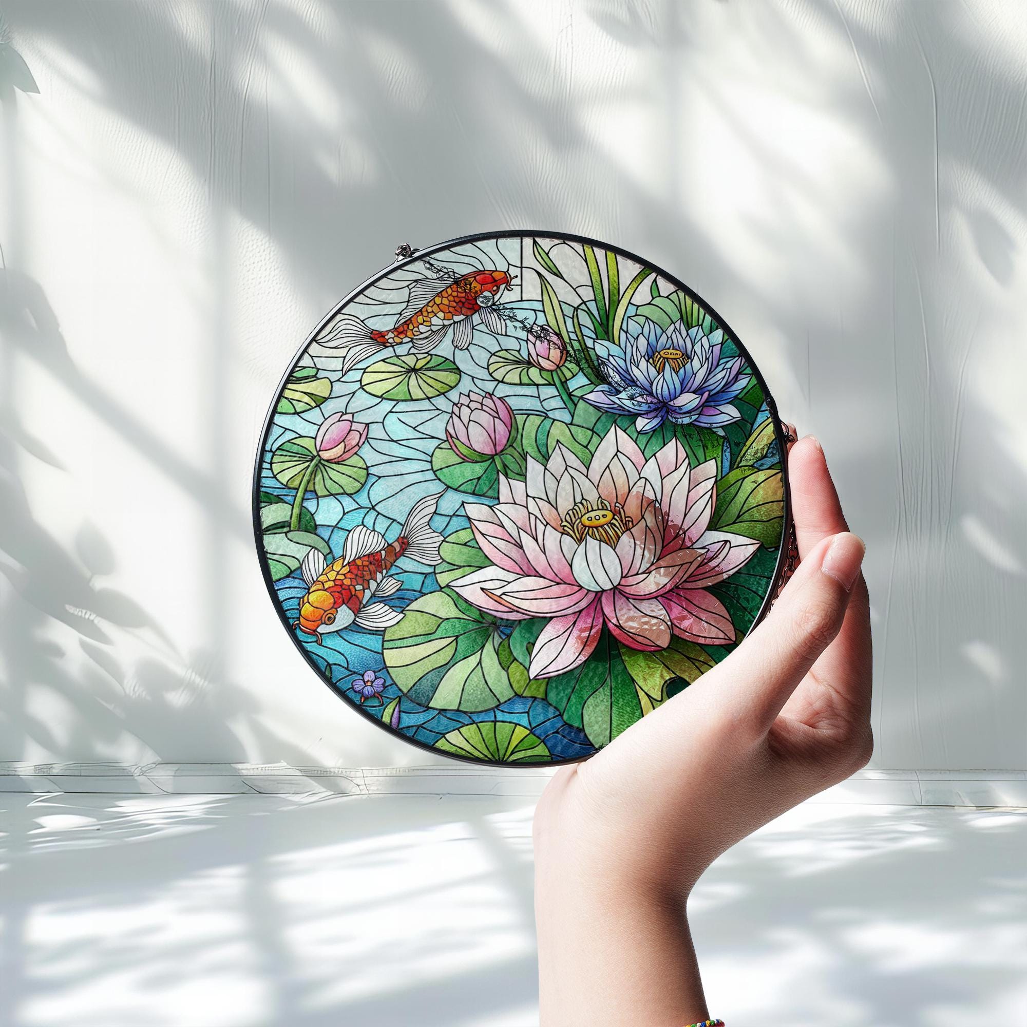 Lotus Flower & Koi Fish Glass Suncatcher – Tranquil Zen Window Art – Mother’s Day Gift – Floral Nature Decor – Garden Lover Gift