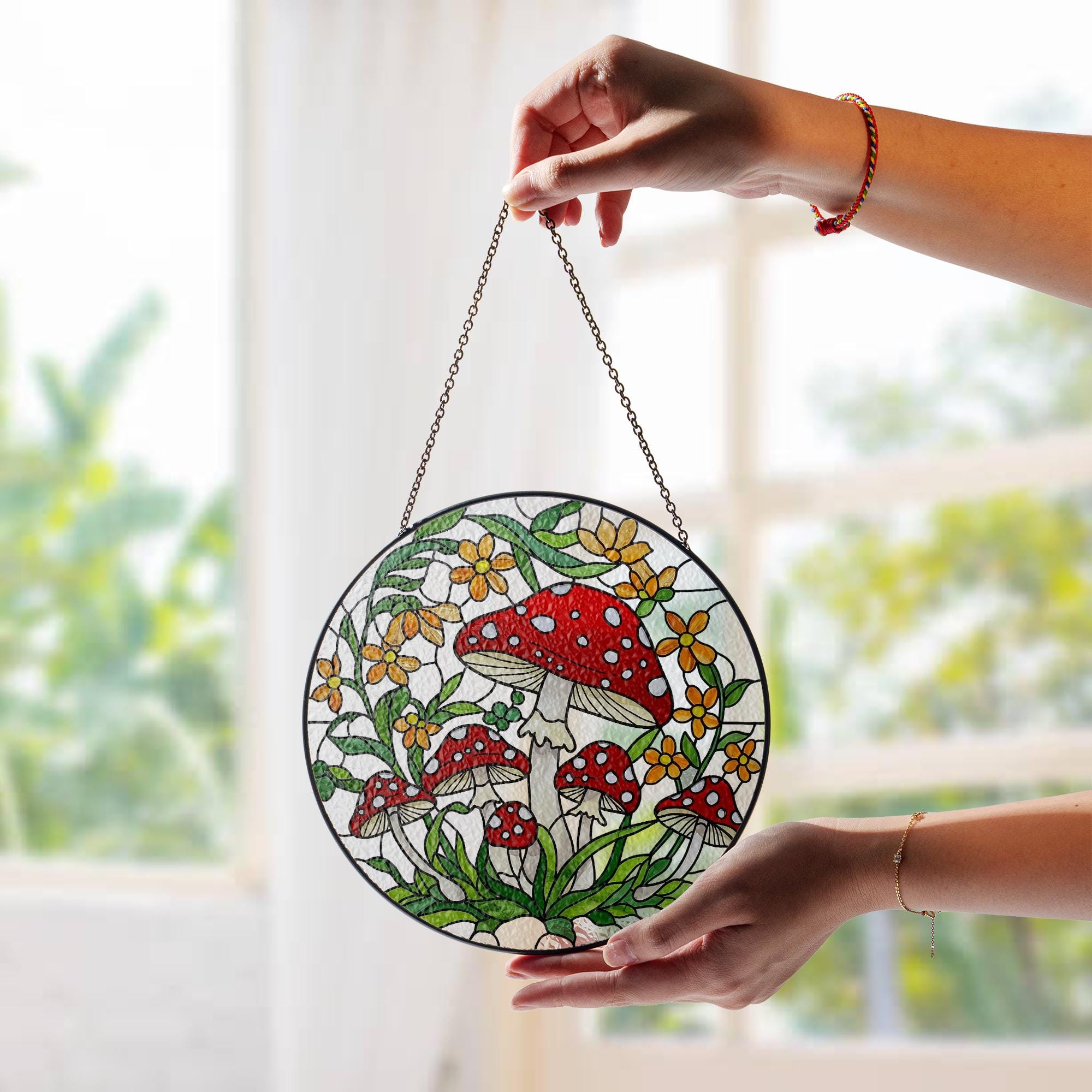 Whimsical Mushroom Glass Suncatcher – Red Toadstool Glass, Window Hanging with Floral Forest – Cottagecore Decor Gift, Mushroom Lover Gift