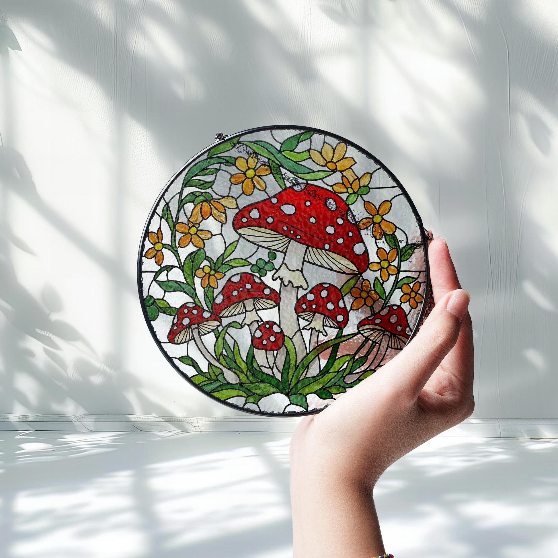 Whimsical Mushroom Glass Suncatcher – Red Toadstool Glass, Window Hanging with Floral Forest – Cottagecore Decor Gift, Mushroom Lover Gift