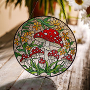 Whimsical Mushroom Glass Suncatcher – Red Toadstool Glass, Window Hanging with Floral Forest – Cottagecore Decor Gift, Mushroom Lover Gift