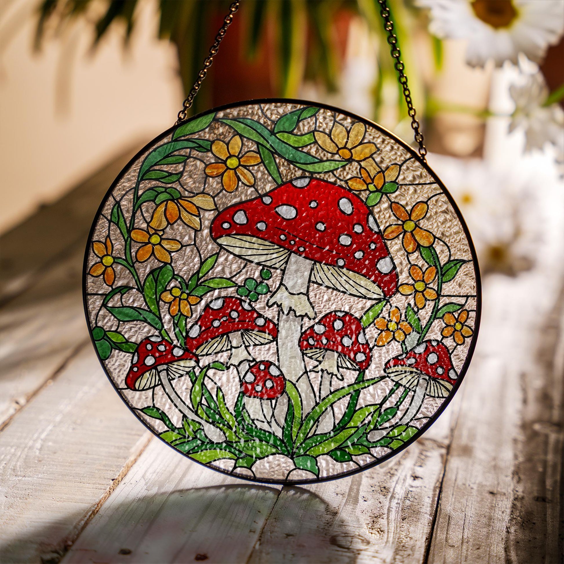 Whimsical Mushroom Glass Suncatcher – Red Toadstool Glass, Window Hanging with Floral Forest – Cottagecore Decor Gift, Mushroom Lover Gift