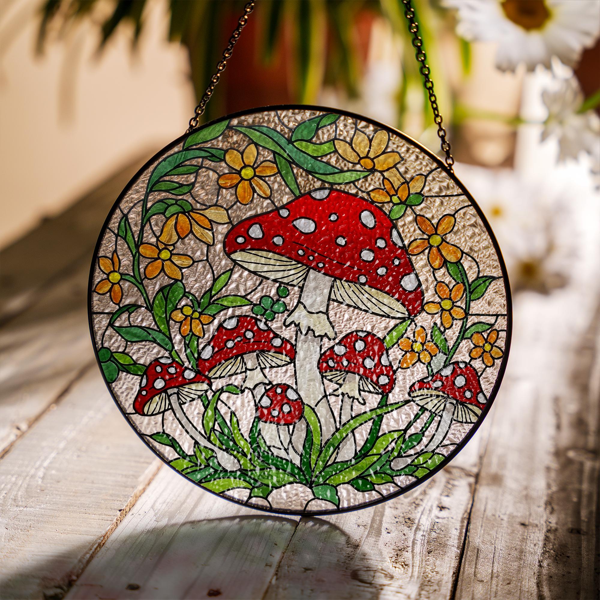 Whimsical Mushroom Glass Suncatcher – Red Toadstool Glass, Window Hanging with Floral Forest – Cottagecore Decor Gift, Mushroom Lover Gift