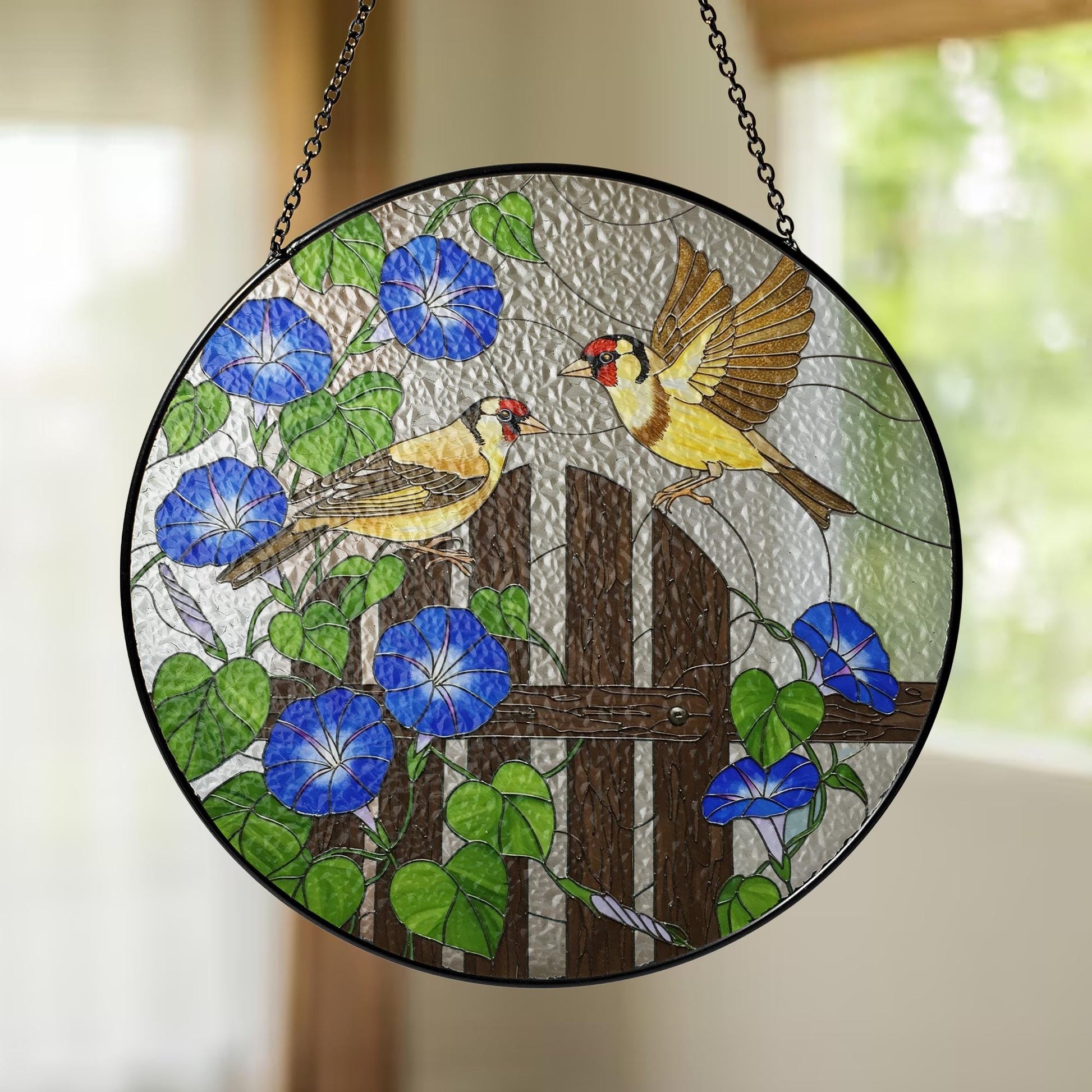 Goldfinch Birds and Morning Glory Flower Glass Suncatcher – Cottagecore Nature Home Decor – Nature Lover Home Gift, Gift For Mom