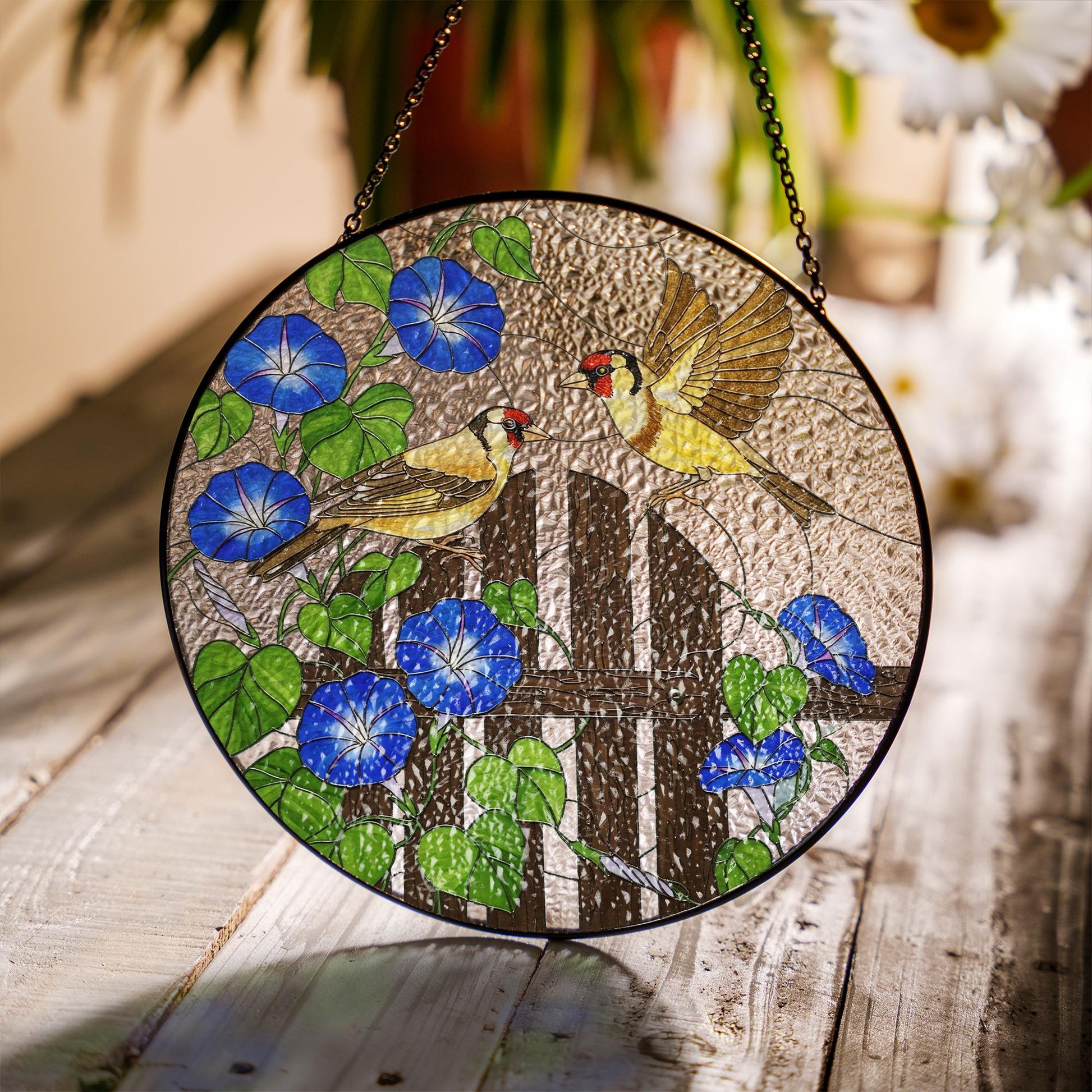 Goldfinch Birds and Morning Glory Flower Glass Suncatcher – Cottagecore Nature Home Decor – Nature Lover Home Gift, Gift For Mom