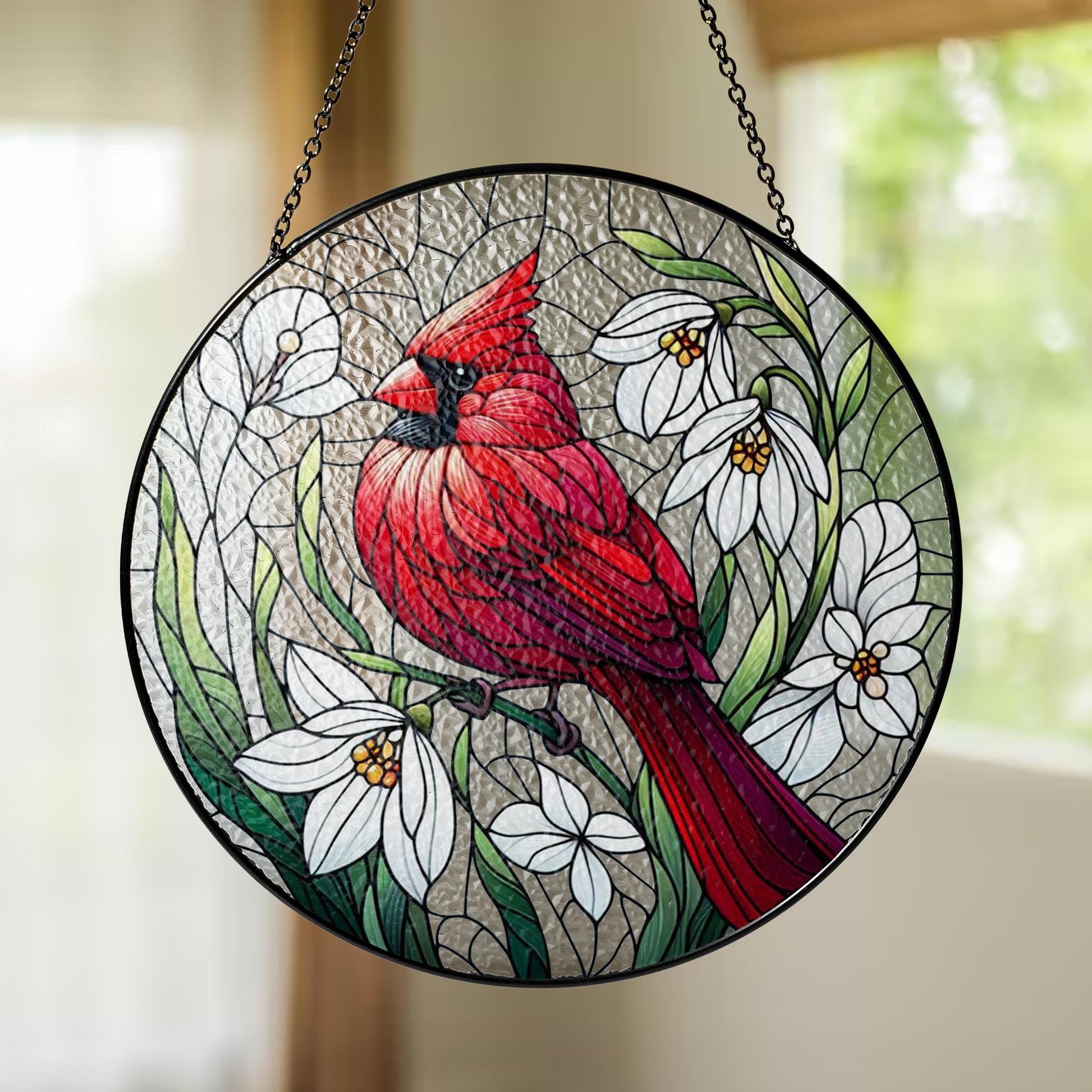 Red Cardinal & Snowdrop Glass Suncatcher – Winter Bird and Flower Window Art – Mother’s Day Gift – Nature Decor – Flower Lover Gift