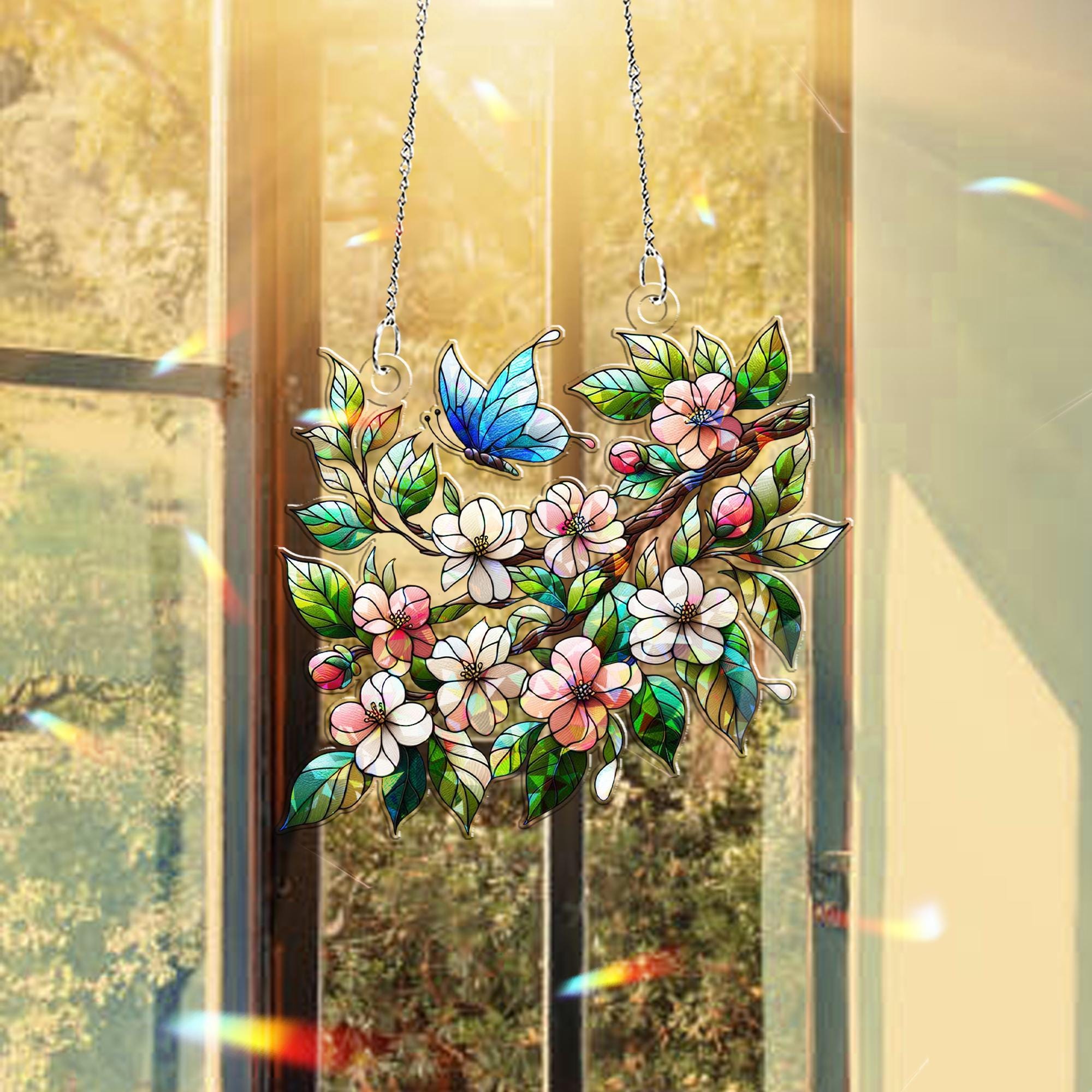 Apple Blossom Hologram Window Hanging – Spring Floral Acrylic Art – Mother’s Day Gift – Botanical Decor – Flower Lover Gift